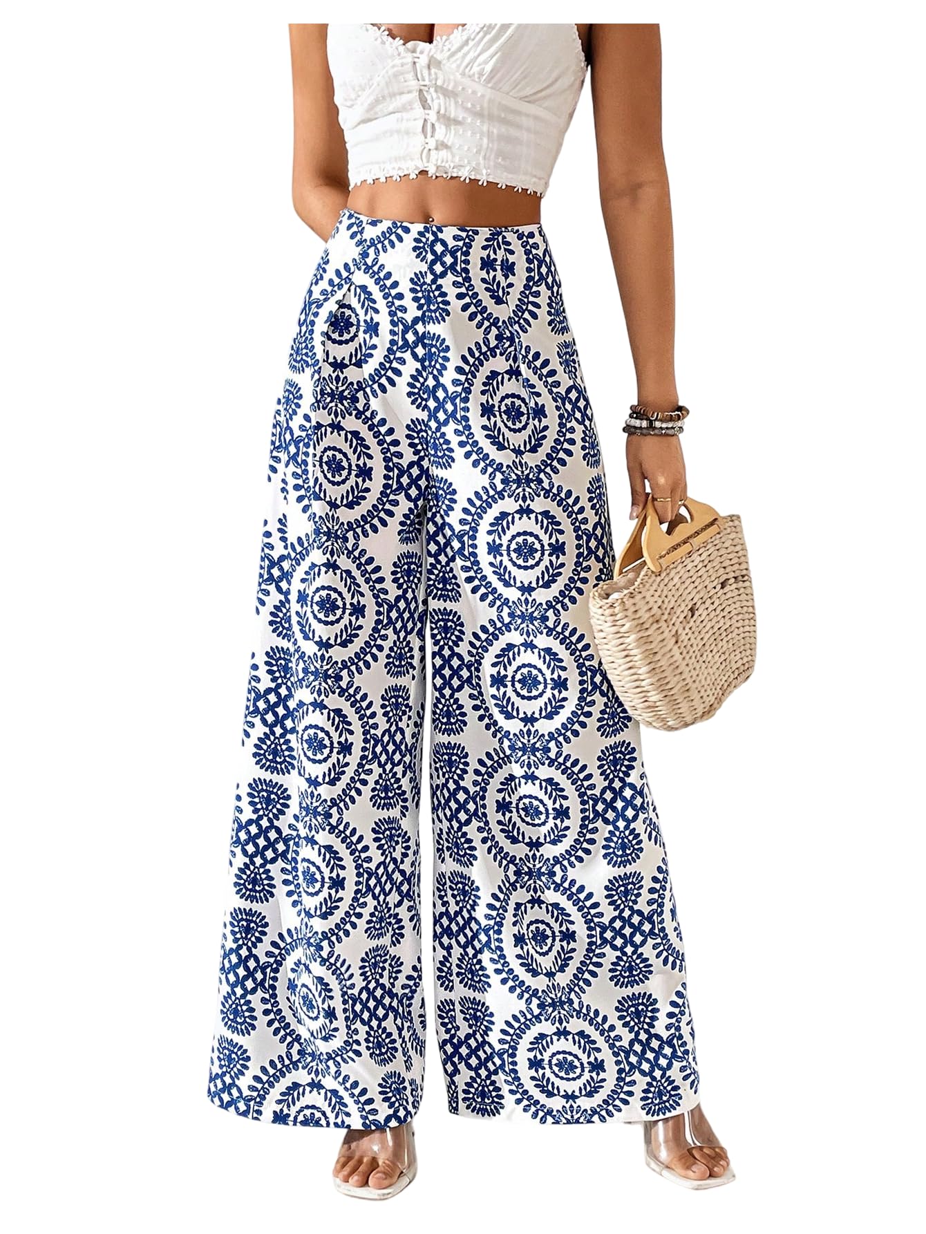 Floerns Womens Plant Straight Leg Pants Elastic High Waisted Summer Palazzo Trousers