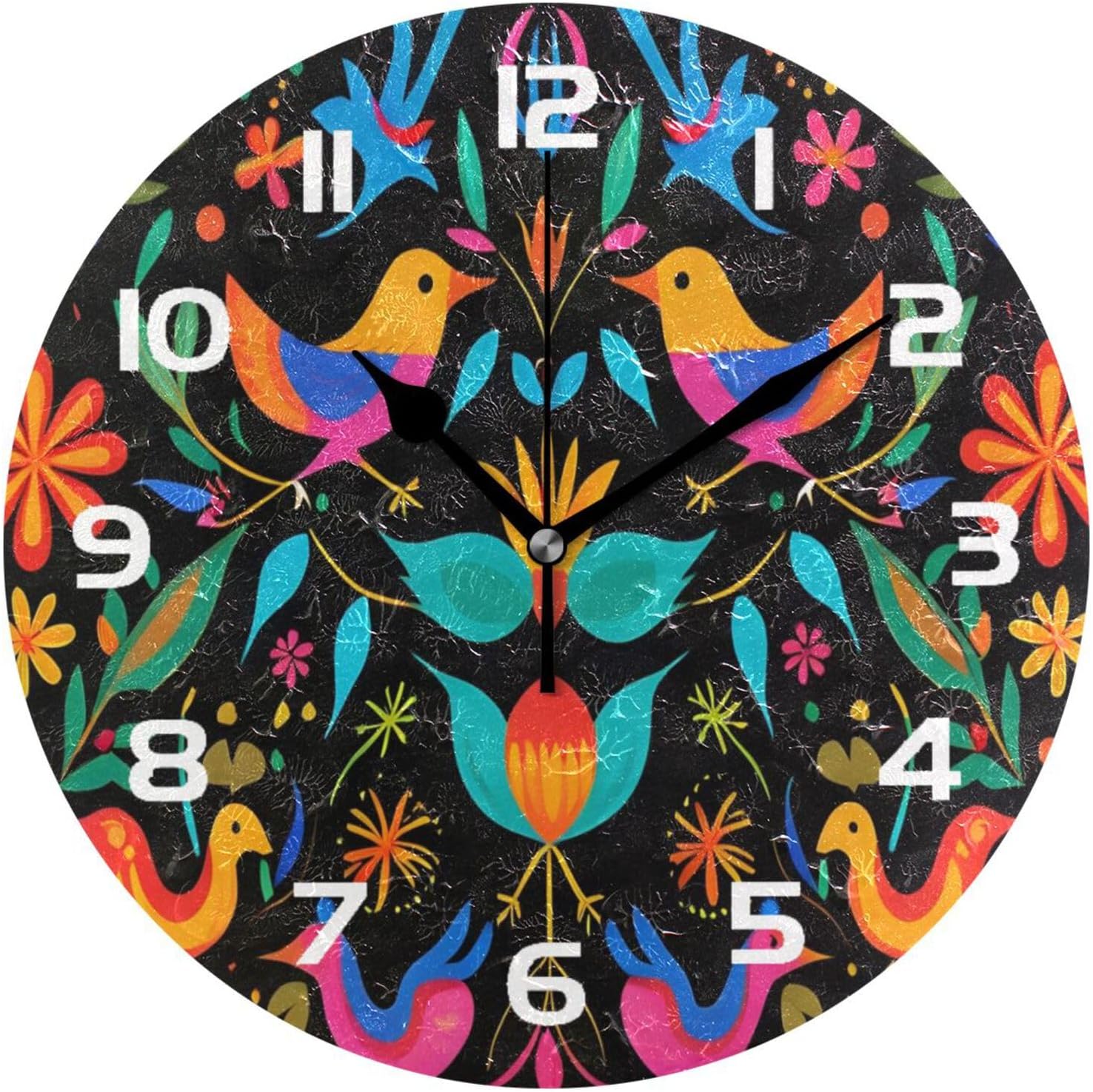 xigua Mexican Flower Pattern Wall Clock, Silent Non Ticking 10 Inch Battery Operated Wall Clocks, Easy to Read Clock for Home Kitchen Living Room Bathroom Office Decor