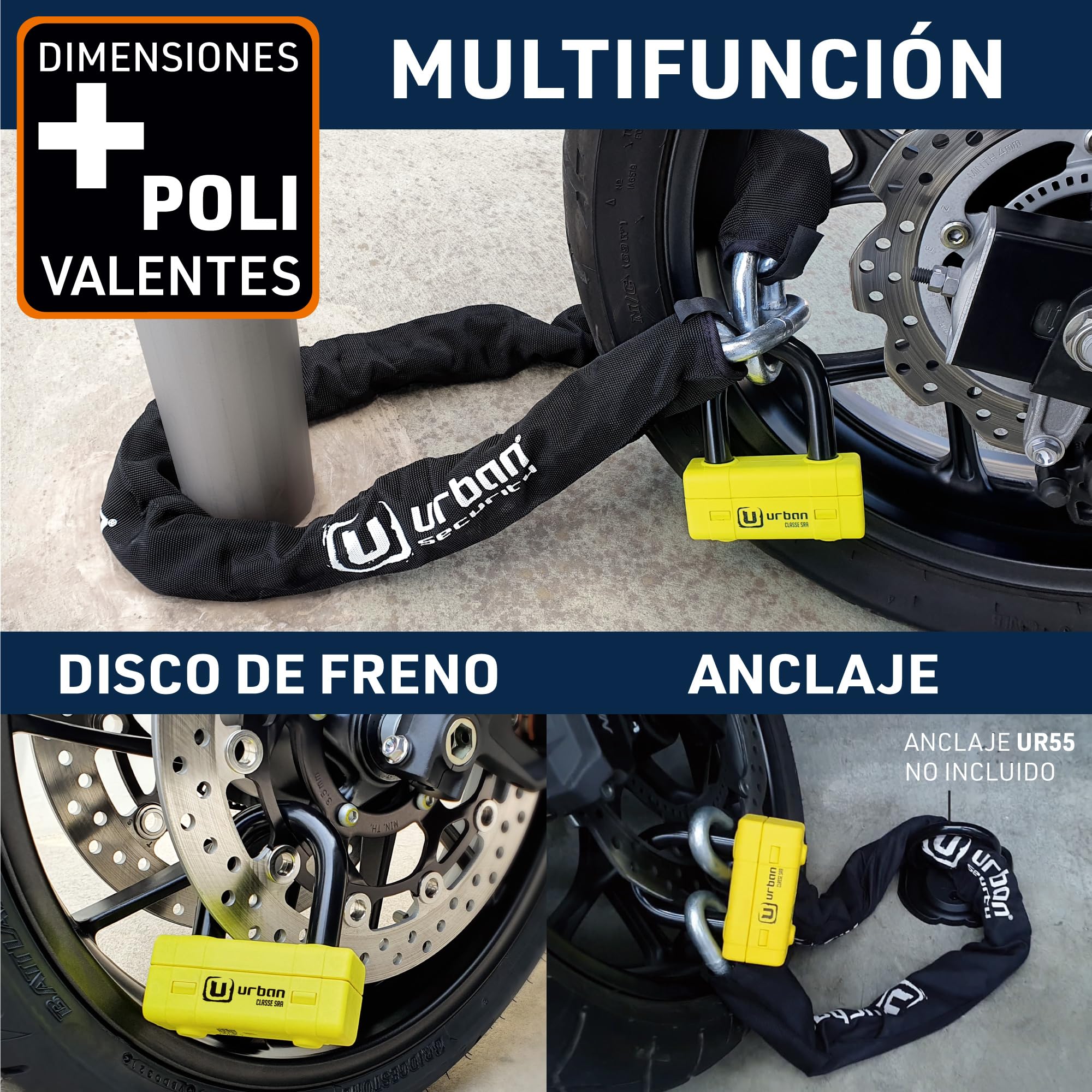 URBAN UR75150 Cadena Candado Antirrobo Pesado ø15mm + Mini U, Alta Seguridad Homologada SRA, 150cm Completamente Testada +Visible, Antirobo Multifunción para Disco Freno, Anclaje, Motocicleta, Parking