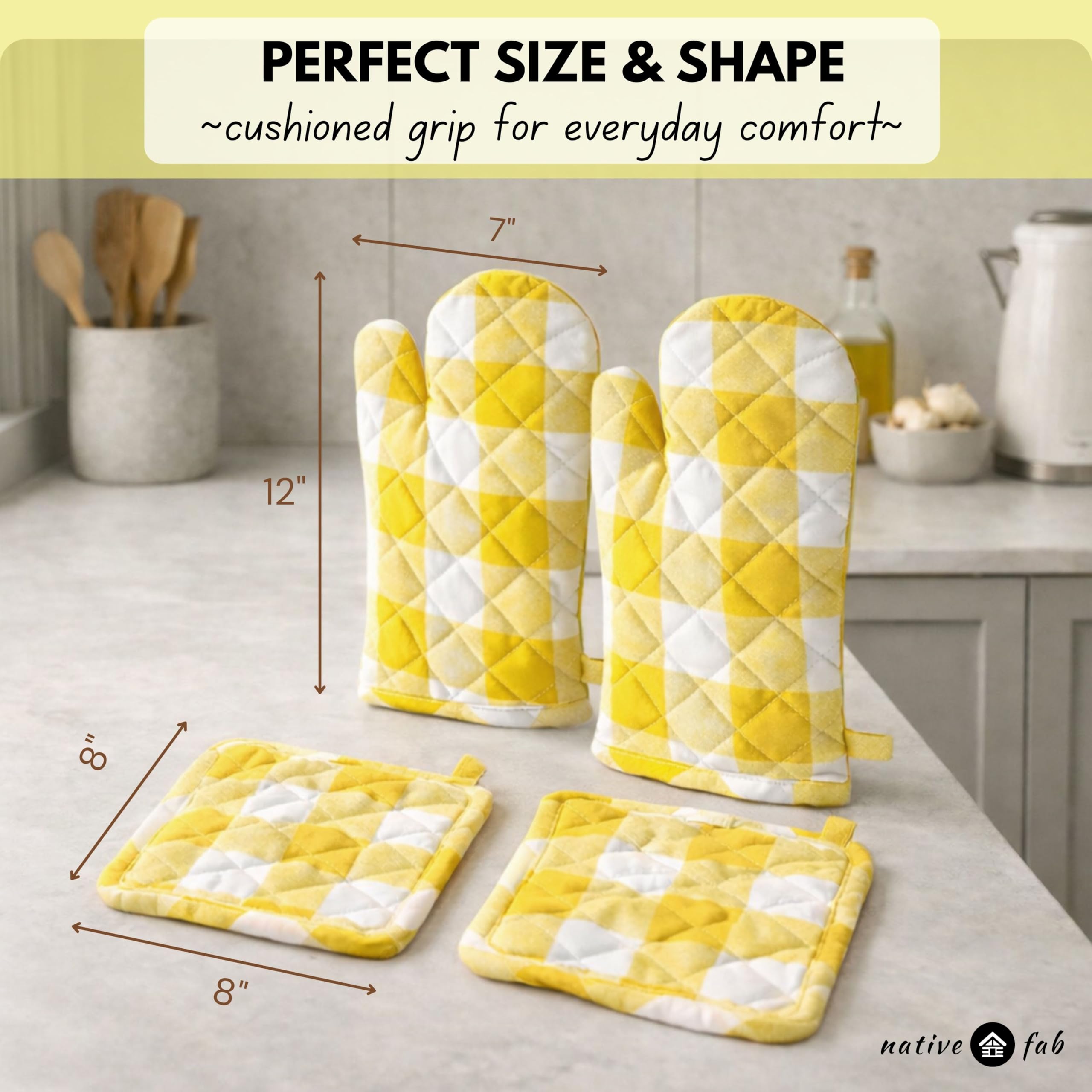 Native Fab Buffalo - Juego de 4 manoplas de horno y soportes para ollas, 100% algodón, resistentes al calor, 2 guantes de horno (7 x 13), 2 soportes para ollas (8 x 8) para cocinar y hornear, amarillo