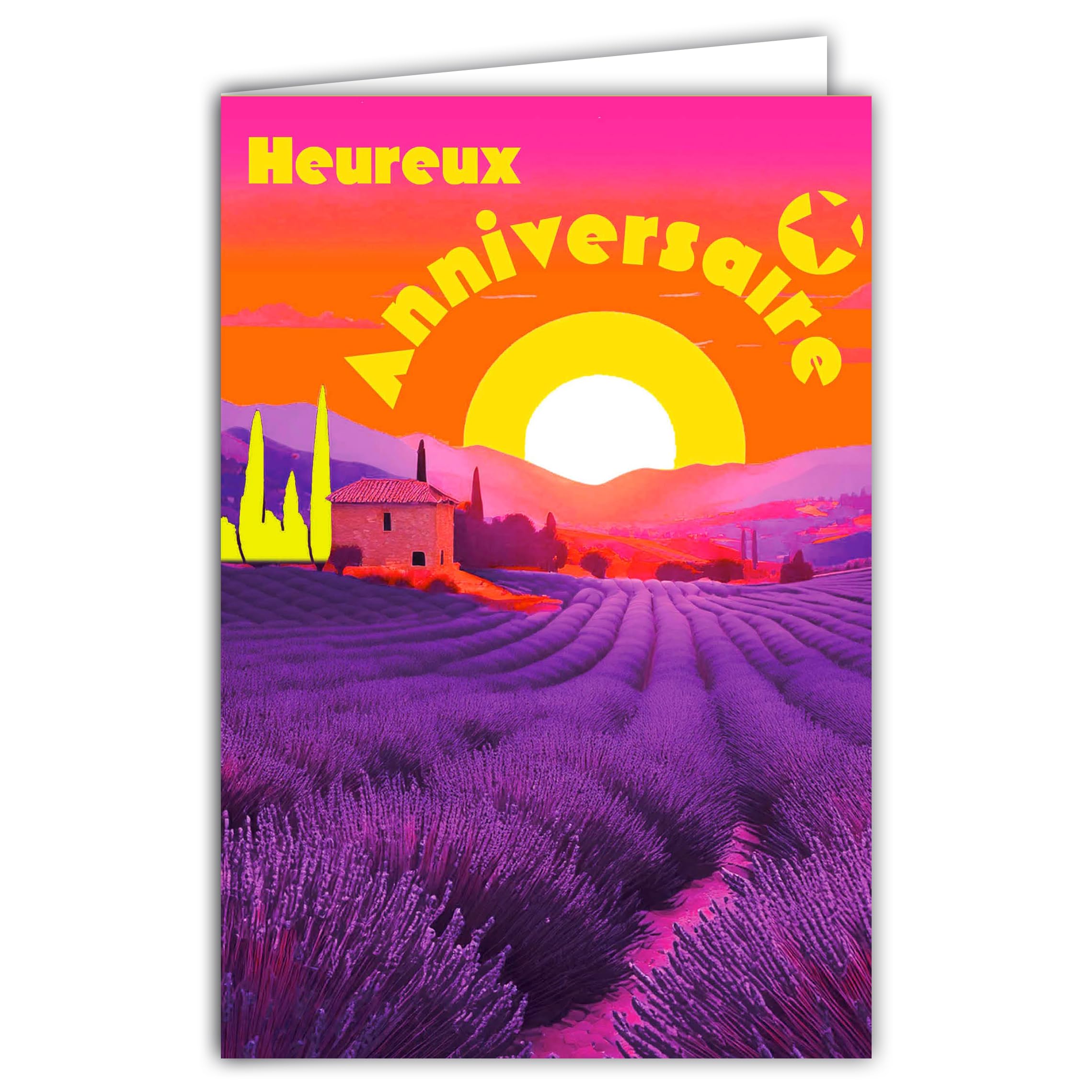 69-8157 Happy Birthday Fluorescent Postcard Pretty Fields of Lavender Beautiful Landscape of the South under the Lazy Sun Rest with White Envelope 12 x 17.5 cm Made in France