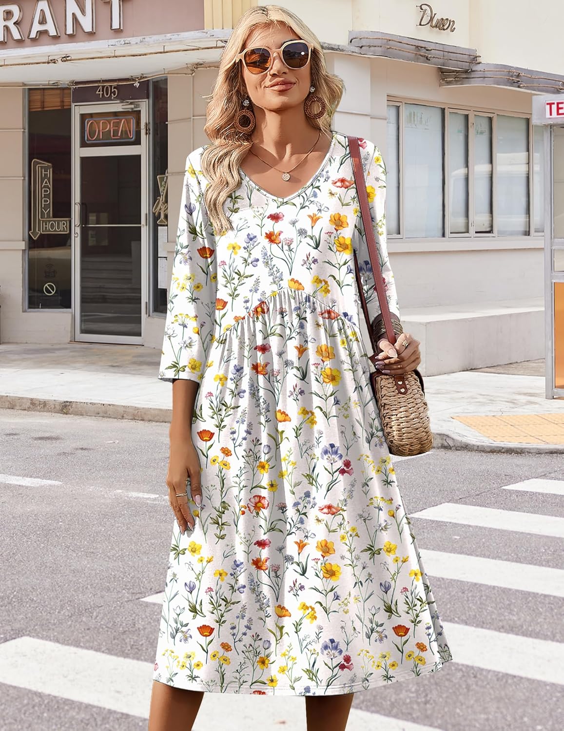 Zeagoo 3/4 Sleeve Women's Dress Casual Midi Tshirt Dresses with Pockets Empire Waist Summer Semi-Formal Boho Beach Sundress - Image 5