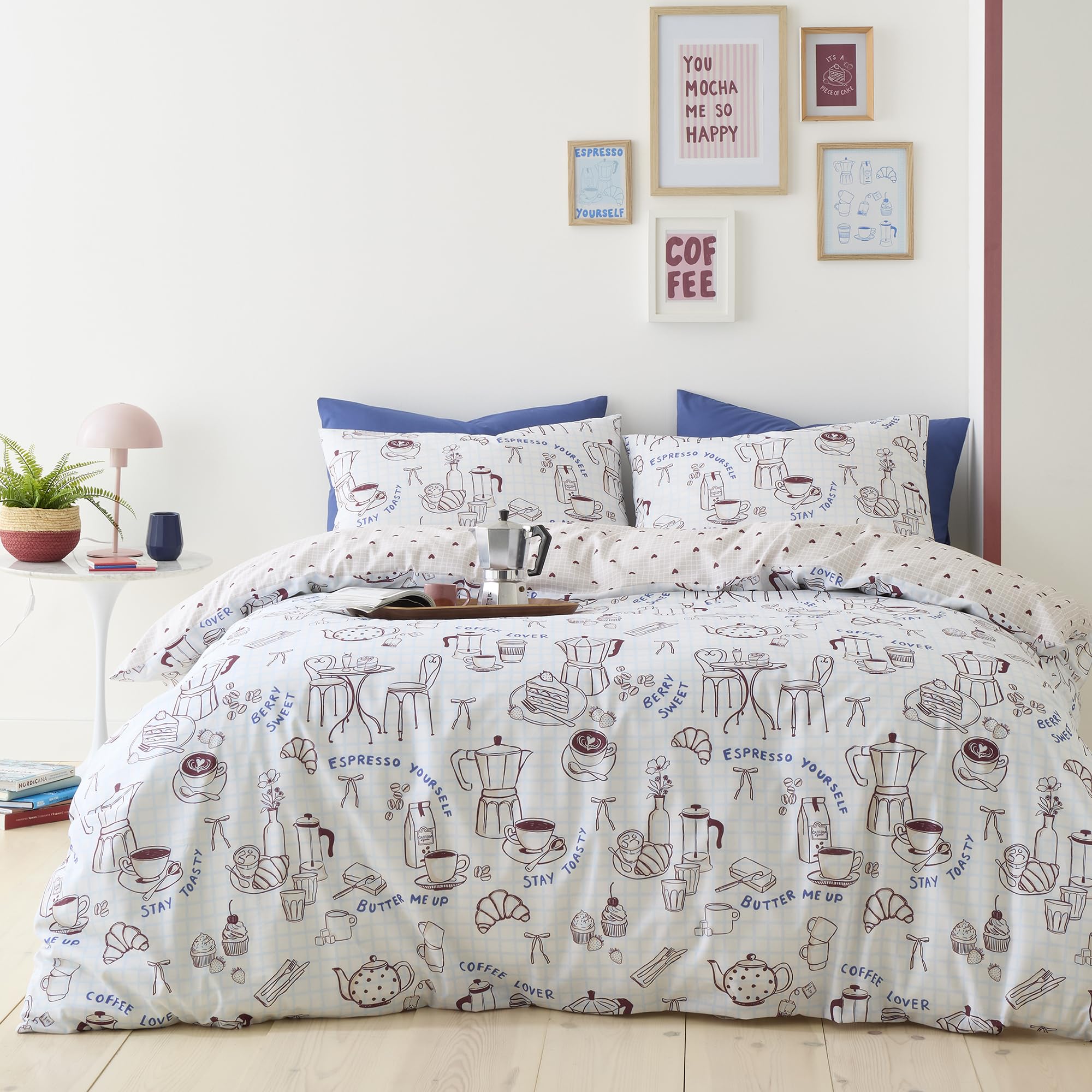Fusion Coffee Club Duvet Cover Set Single 140 x 200cm – Natural Polycotton Easy Care Bedding with Fun Coffee Club Print, Includes 1 Pillowcase