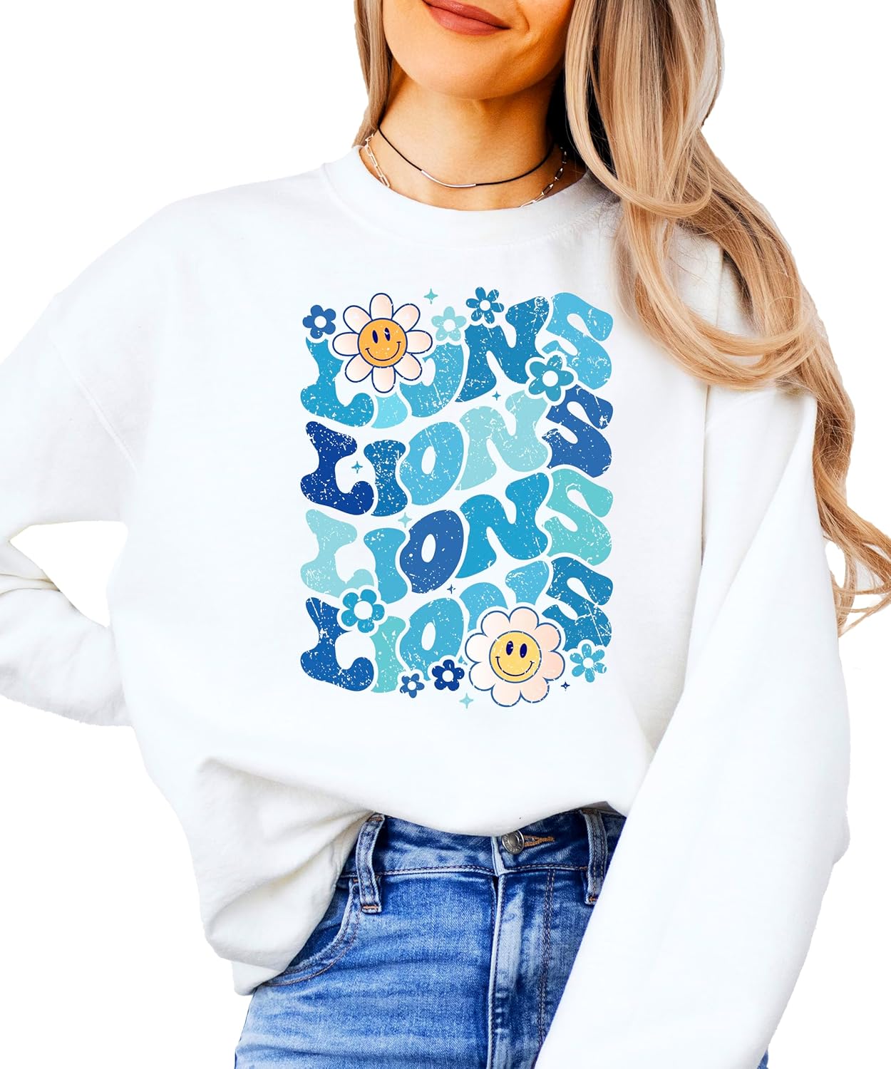 Olive Loves Apple Lions Blue Retro Sweatshirt for Women and Girls Trendy Sports Fan Sweater