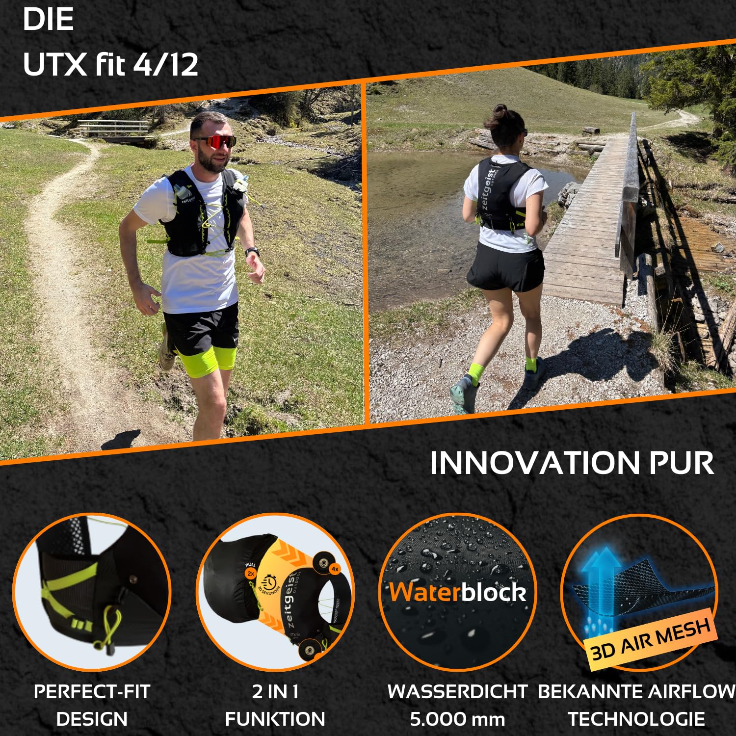 Laufweste Damen und Herren 2 in 1 Laufrucksack 4L & 12L optimale Passform atmungsaktiver Trailrunning Rucksack ultraleichte Running Vest 245-290gr Trinkruckack Laufen