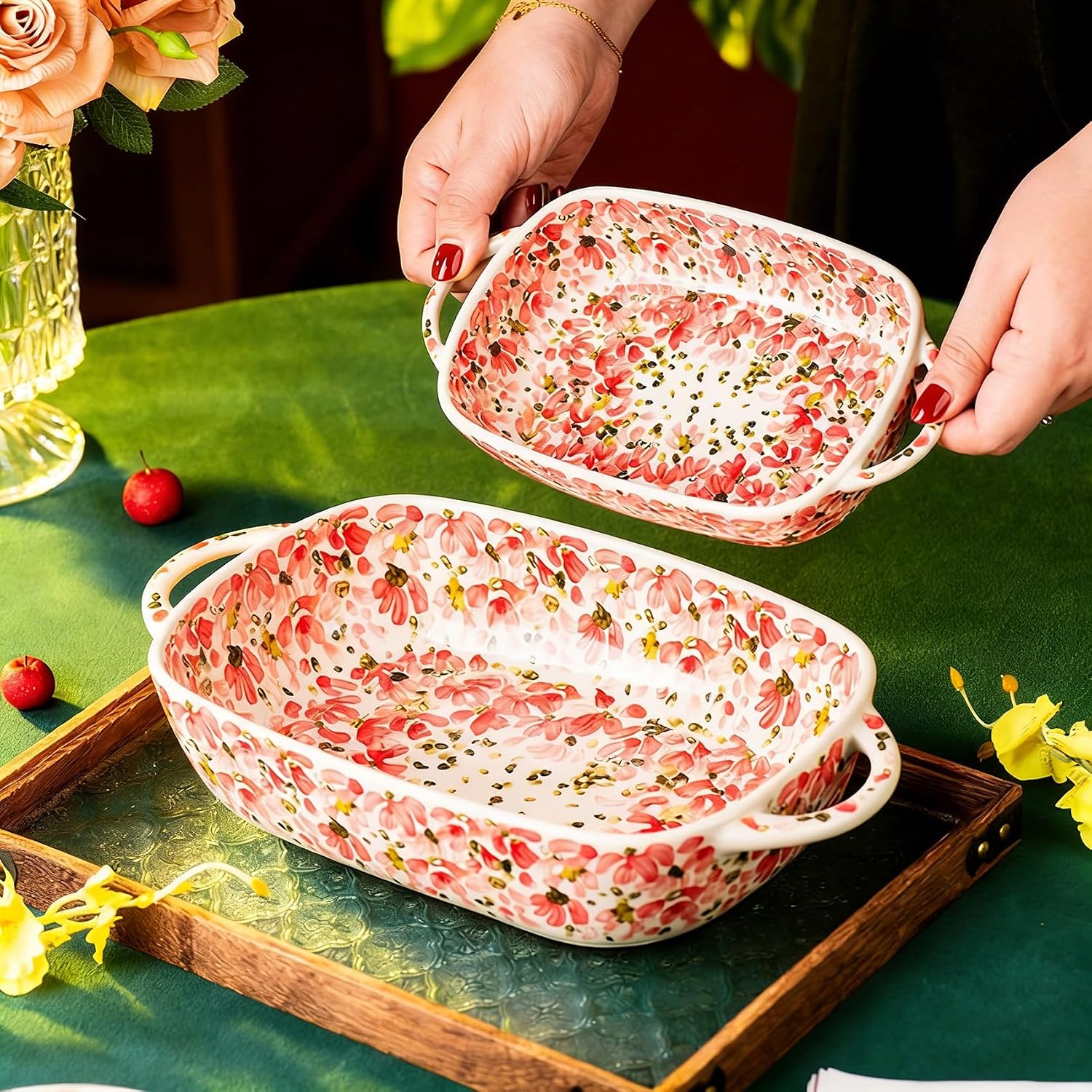 Ceramic Bakeware Set, Floral Pattern Casserole Dishes with Handles, 13.2x7.5 and 9.3x5.1 inches, Oven Safe Roasting Pans, Dedicated for microwave/baking tray (Dreamflower Glow)