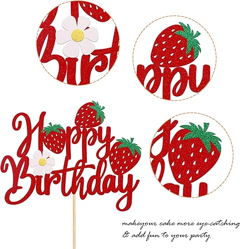 Miniatura 3 de 1 paquete de decoración de pastel de fresa con purpurina para temática de frutas, baby shower, fiesta de cumpleaños de niños, suministros de