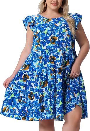 Agnes Orinda Plus Size Summer Dress for Women Boho Flutter Sleeves Round Neck Floral Print Tiered Babydoll Ruffle Dresses
