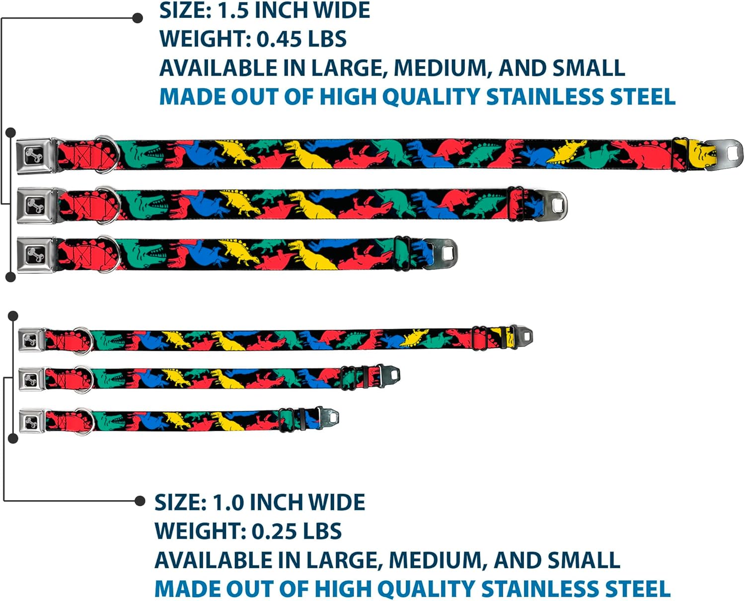 Buckle-Down Seatbelt Buckle Dog Collar - Dinosaurs Black/Multi Color - 1" Wide - Fits 11-17" Neck - Medium
