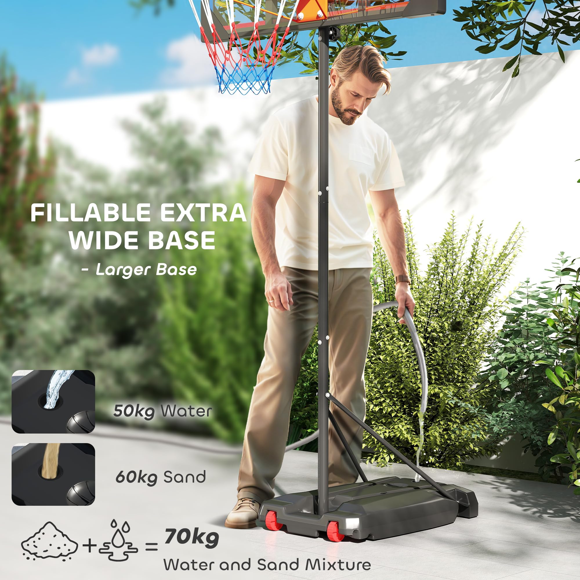 AIYAPLAY Kosz do koszykówki outdoor dla dzieci, regulowany 210-260 cm | Stojak do koszykówki z kółkami, dla dzieci od 6 lat, Czerwony