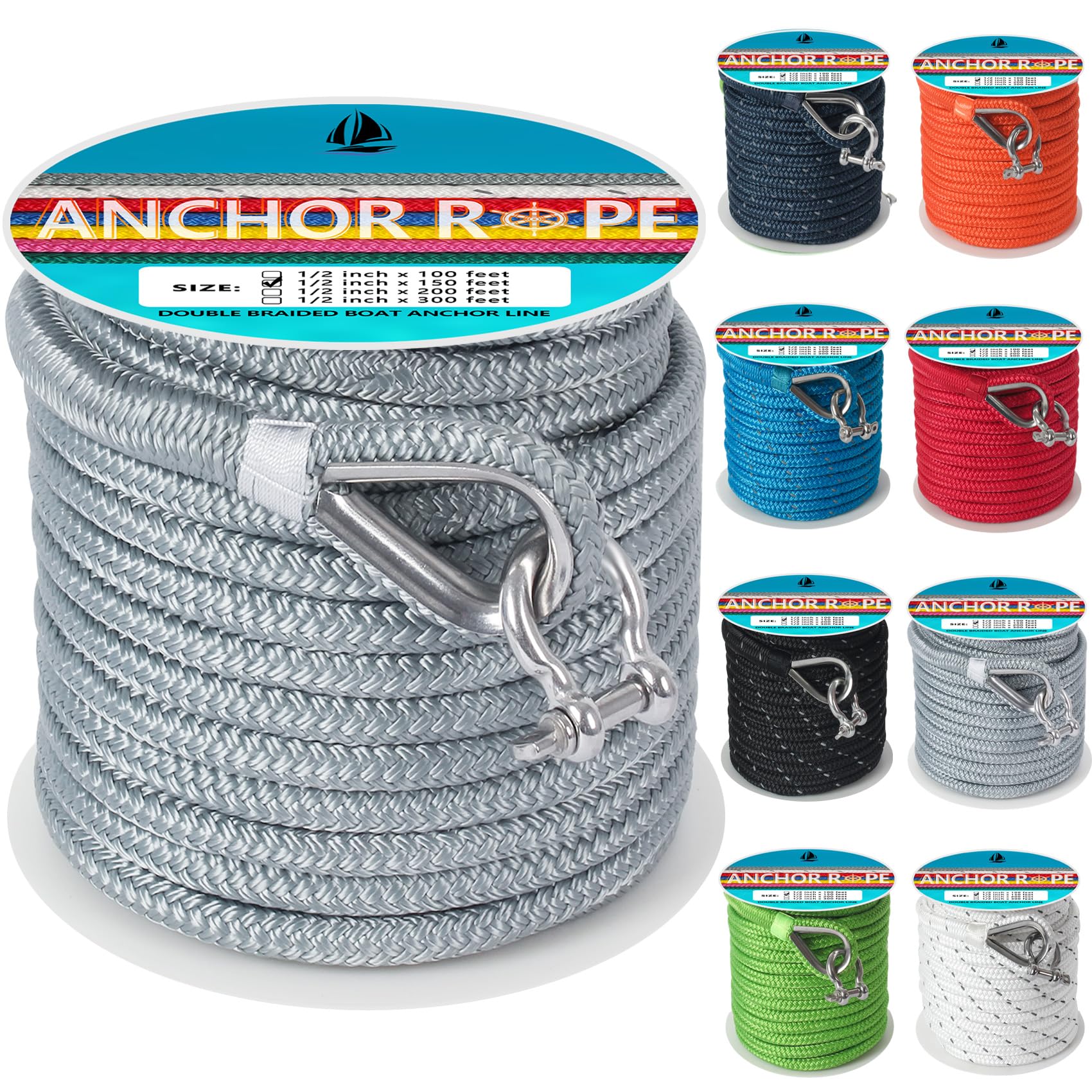 Anchor Rope 150 FT 1/2 in, Double Braided Anchor Line with 316 Stainless Steel Thimble & Shackle, Boat Anchor Rope Ideal for Towing, Mooring, Deck, Anchoring, Boats Up to 35' - Gray