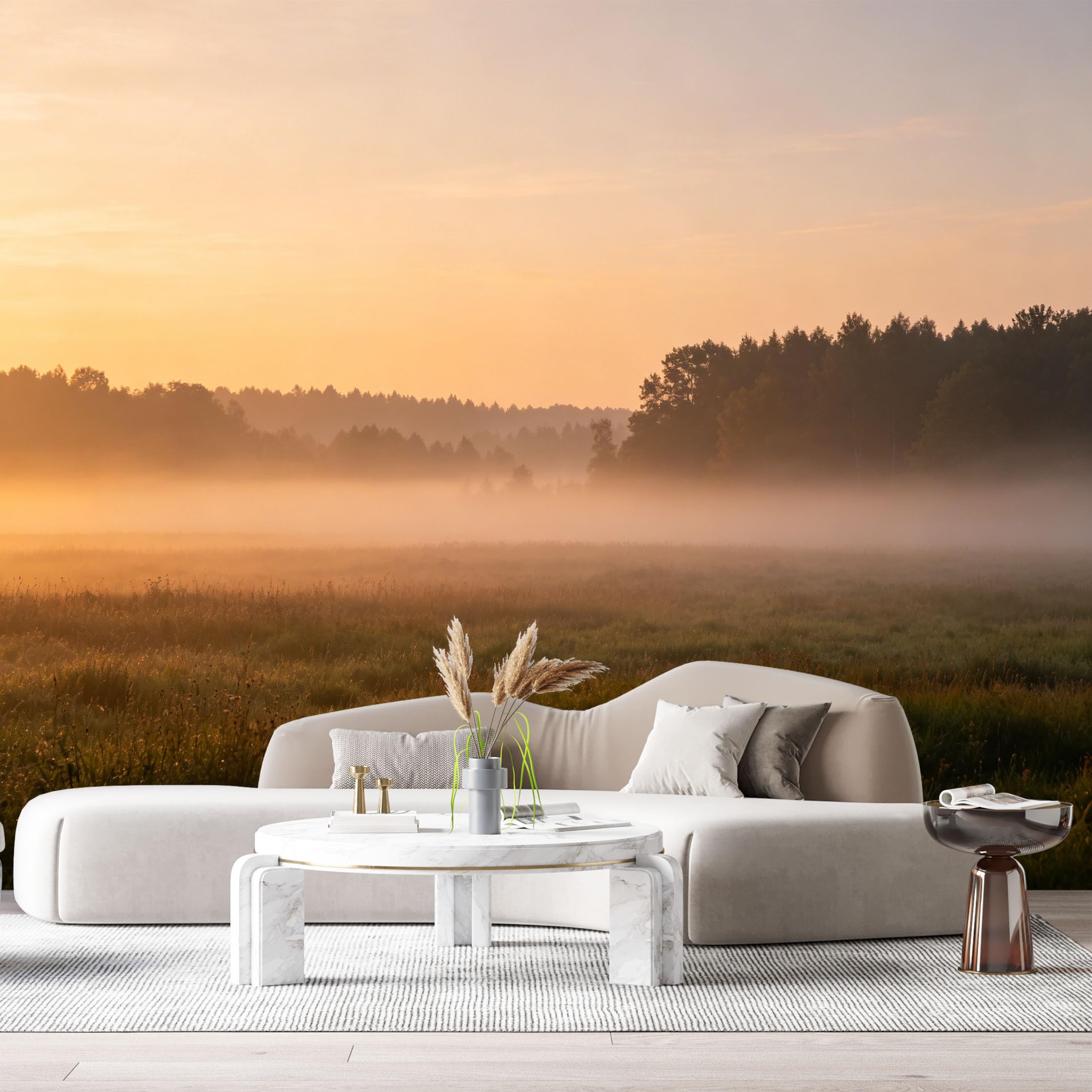 Custom Size Wall Murals Sunrise Meadow Landscape Misty Forest Watercolor SelfAdhesive Wall Fabric Removable Large Wallpaper for Photo Living Room
