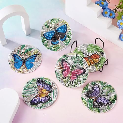 Vista 9 de FASHEWELRY 8 posavasos de pintura de diamante de mariposa de 4 pulgadas, posavasos de diamante 5D de granja de insectos verdes, kits de arte