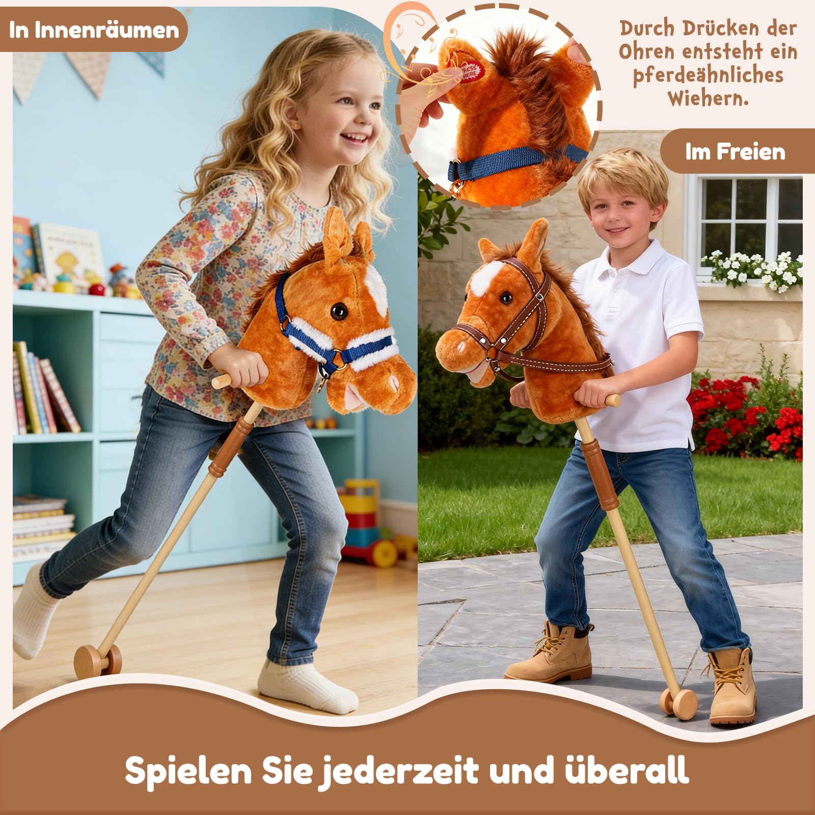 IEEILULU Hobby Horse, Steckenpferd Kinder Braun, Holzpferd für Draußen mit Hobby Horse Trense, Räder und Griffe für Garten, Geburtstag & Reitspiele (Braun)