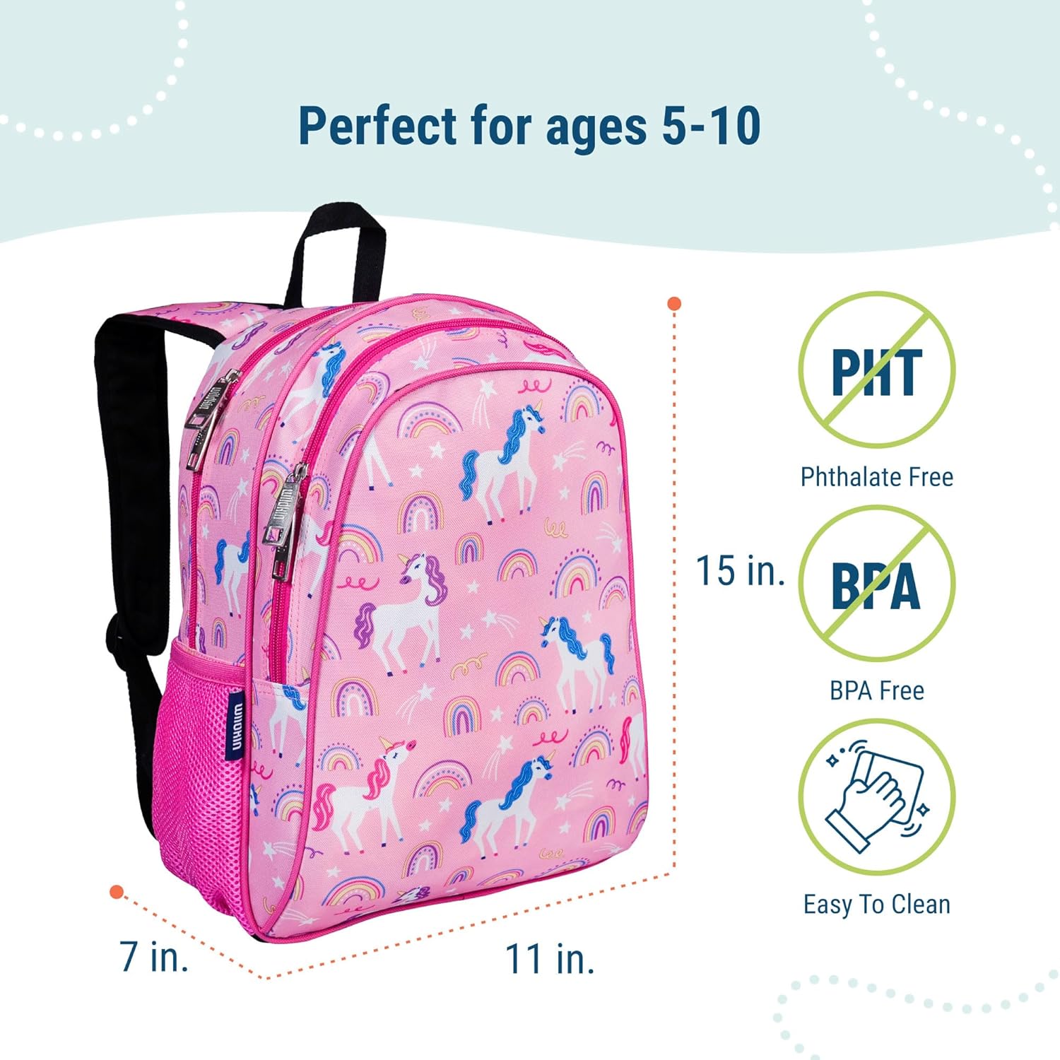 Wildkin 15-inch Kids Backpack – Durable, Padded, Adjustable for School & Travel - Rainbow Unicorns - Image 3