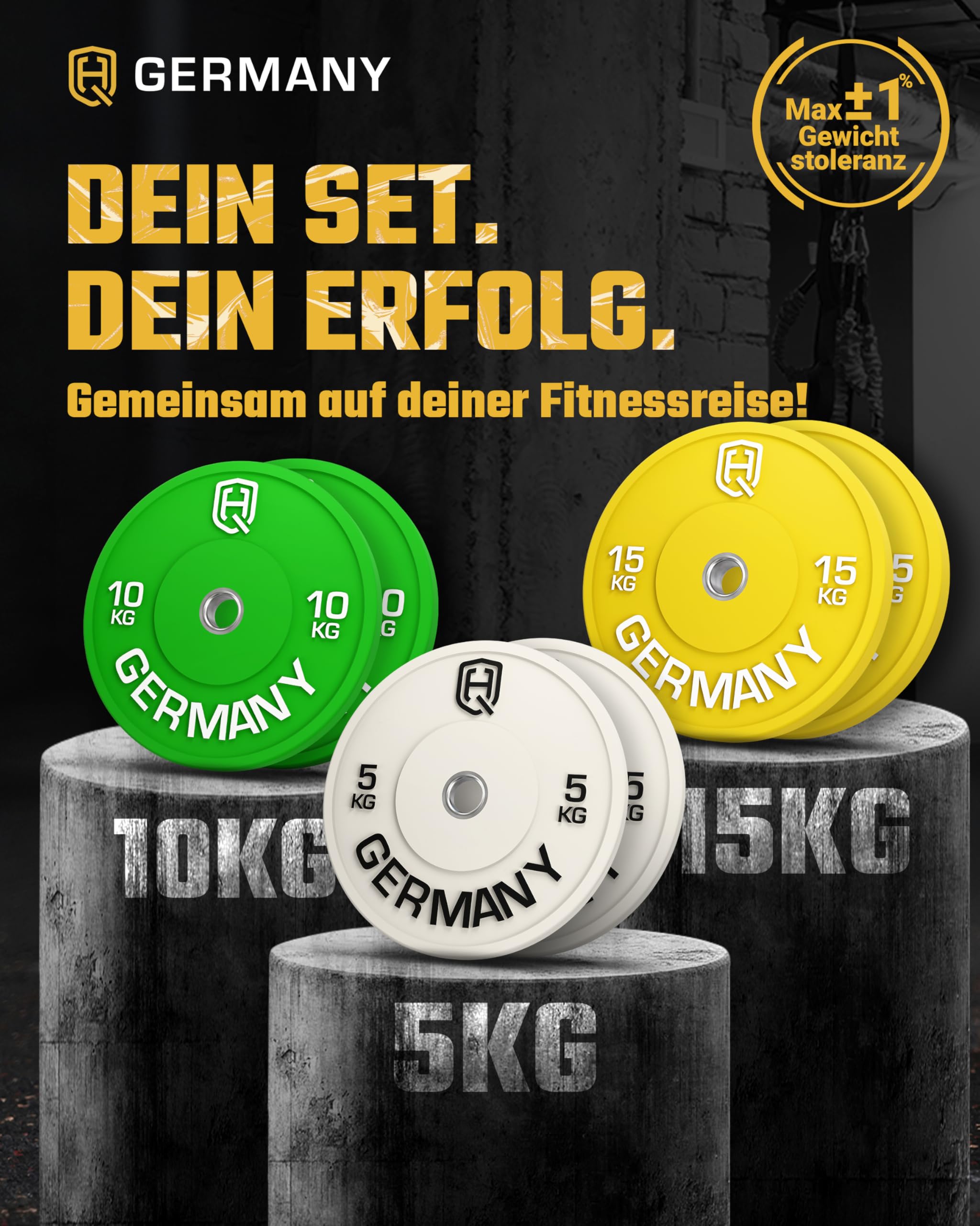 HQ Germany® Bumper Plates 50 mm [Nach IWF-Norm] - Hantelscheiben 5-25kg | Premium Vollgummi, Ø 450mm, 50mm-Bohrung, Shore-A 85 Härte, schmales Design, Edelstahl-Hülse