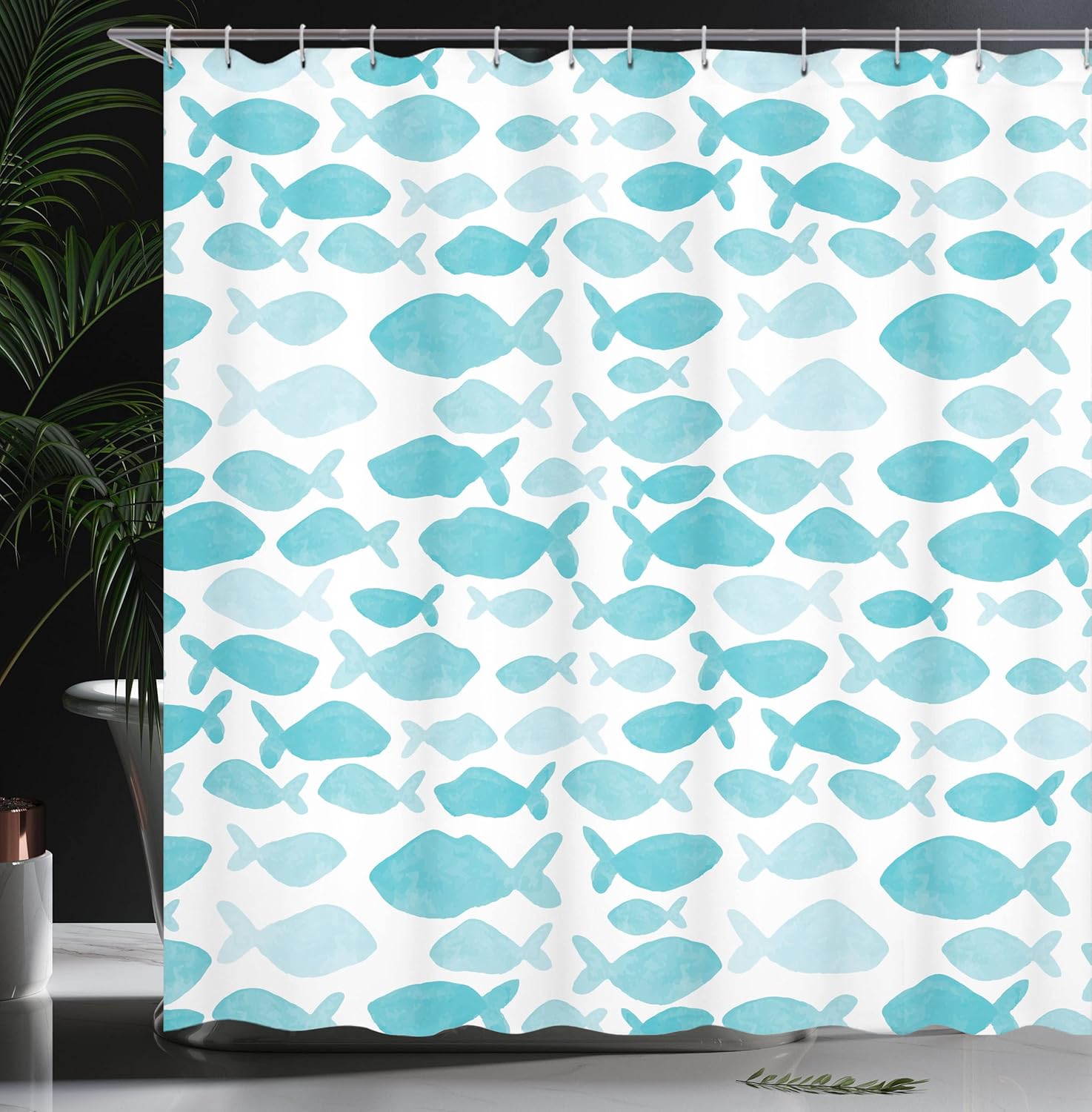 Ambesonne Fish Shower Curtain, Sea Animal in Watercolors Brushstrokes Theme, Cloth Fabric Bathroom Decor Set with Hooks, 69" W x 75" L, White Blue