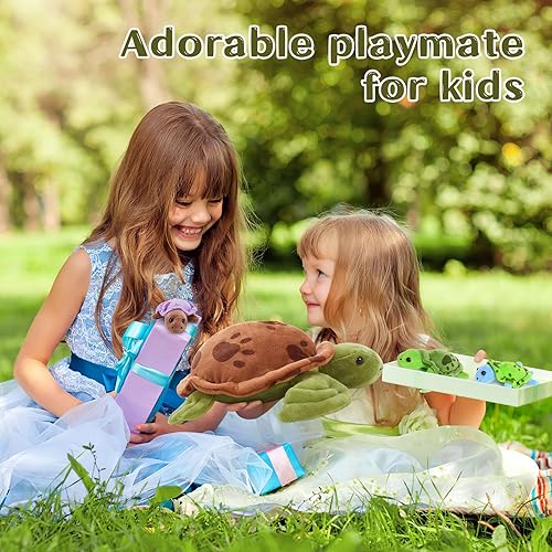 Vista 24 de Muiteiur Animal de peluche de tortuga marina, suave juguete de peluche con 3 bebés, vida marina de peluche azul para niños y niñas (azul)