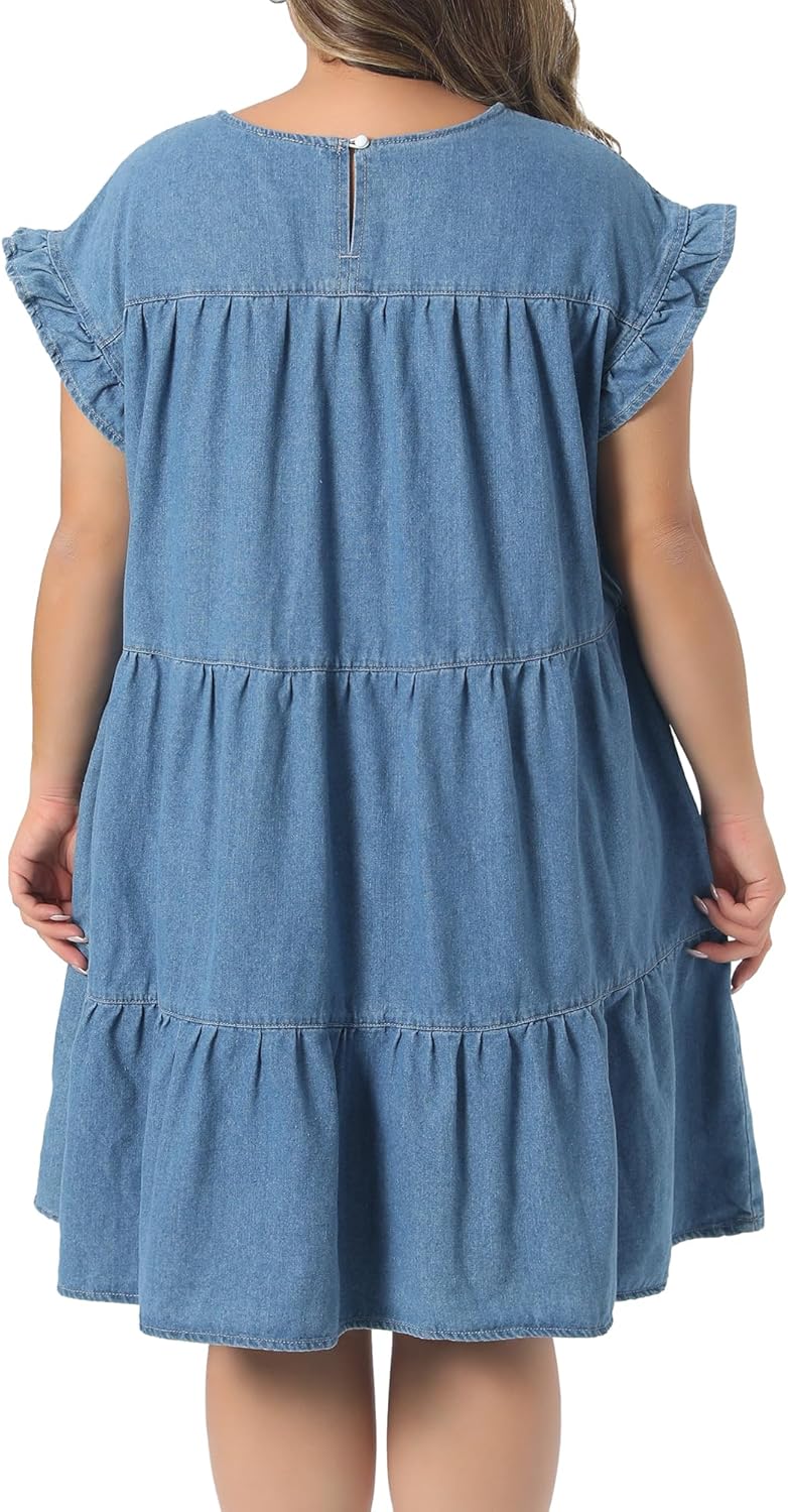 Agnes Orinda Plus Size Denim Dress for Women 2026 Summer Babydoll Ruffle Sleeve Loose Flowy Swing Pleated Jean Dresses