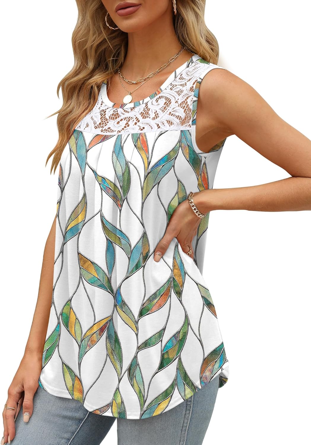 Saloogoe Summer Tank Tops for Women Loose Fit Pleated Tunics Scoop Neck Sleeveless Lace Tops Curved Hem Flowy - Image 4