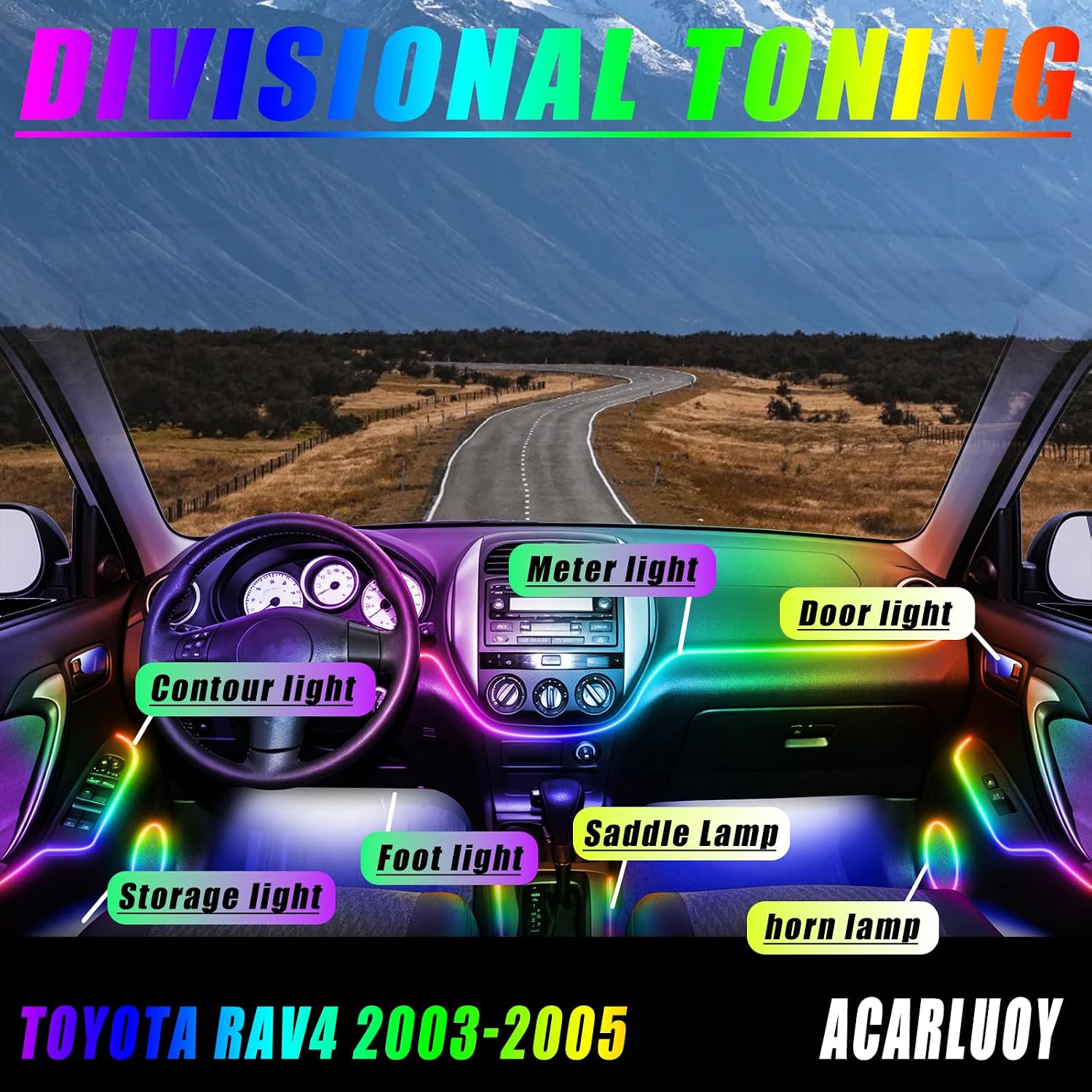 Car Interior LED Ambient Light, for Toyota RAV4 2003,2004,2005 Model, 10-in-1 LED Strip, Neon Fiber Optic Lighting Function LED Strip with 24 Million Colors and 256 Color Modes