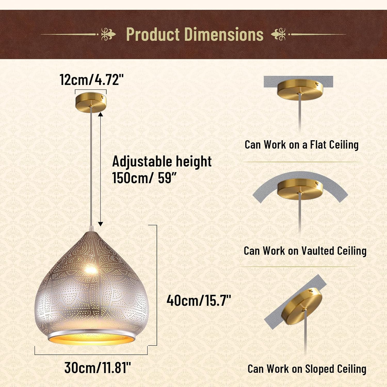 Modern Pendant Light Fixture Moroccan Kitchen Island Hanging Light Silver Shade Moroccan Dining Room Light Fixture Vintage Turkish Pendant Lighting for Farmhouse, Living Room, 1-Light
