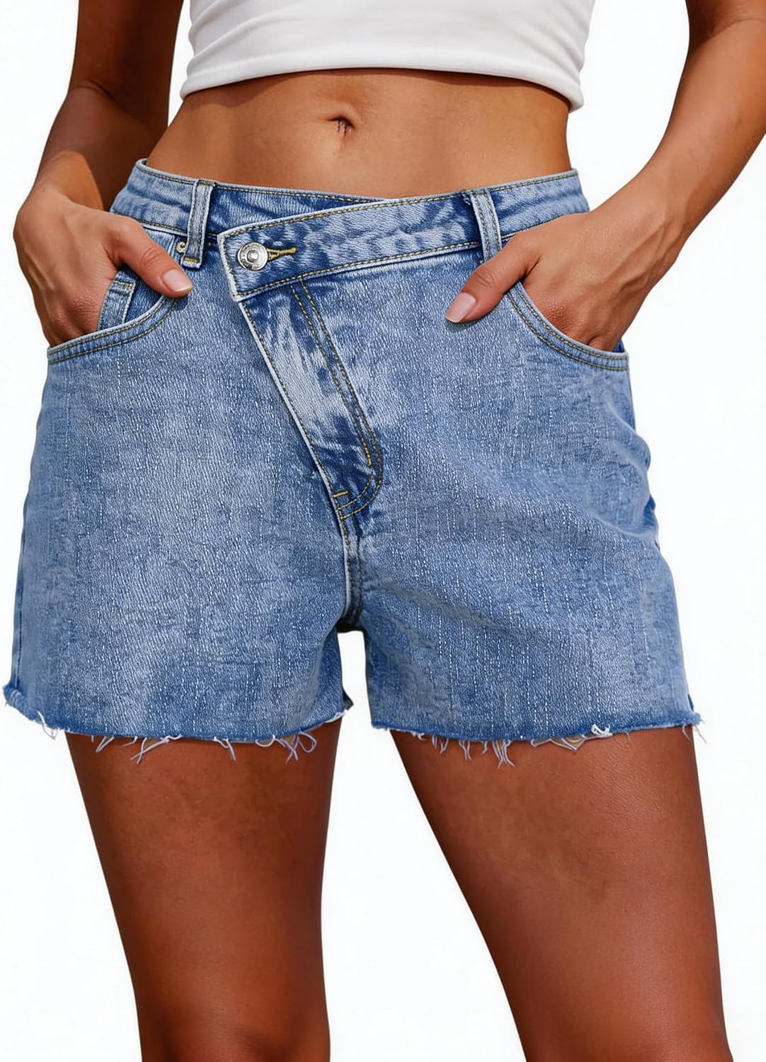Genleck Women‘s Jean Shorts Stretchy Crossover High Waisted Frayed Raw Hem Denim Shorts Casual Summer Hot Shorts 2026 Jorts