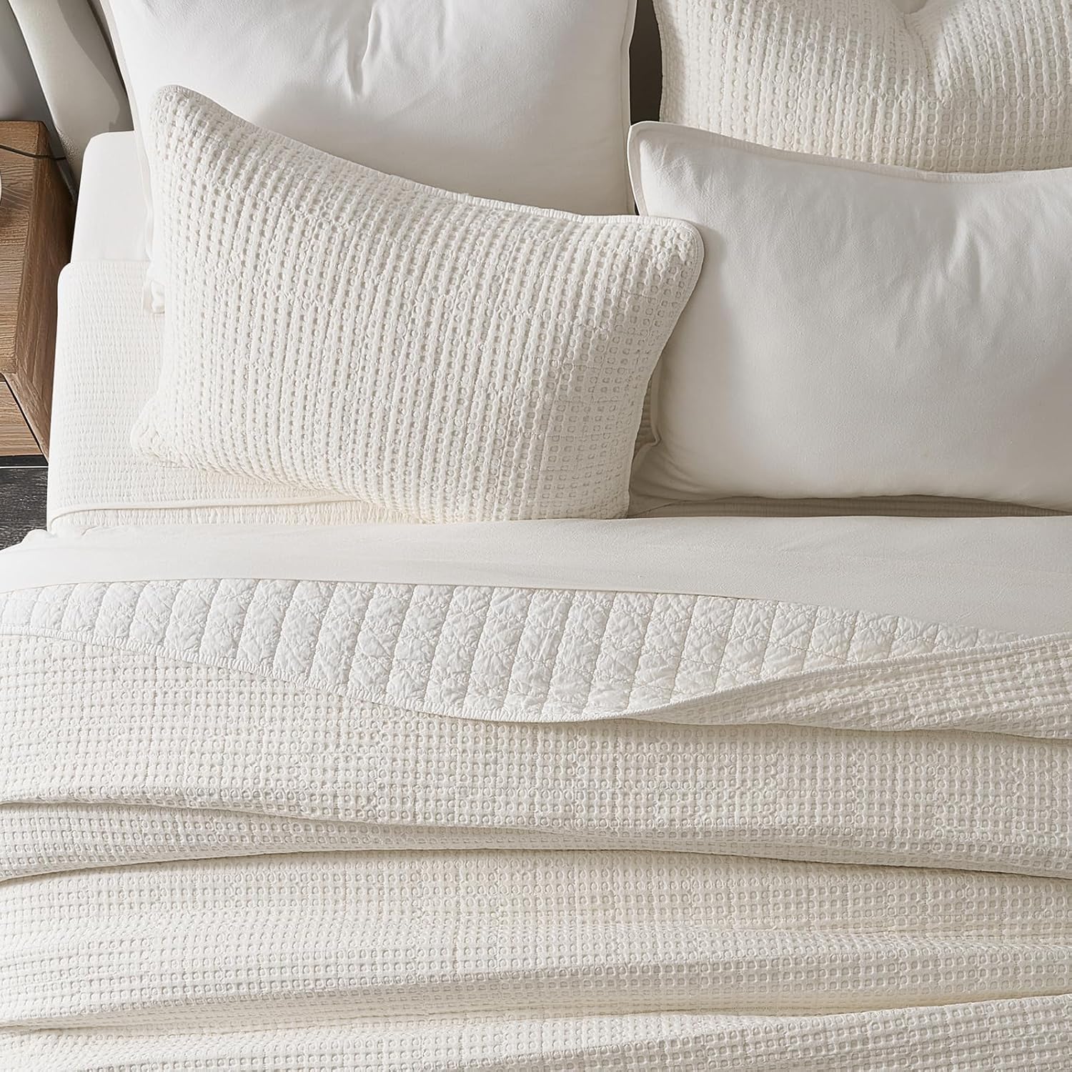 EverGrace Stonewashed 100% Natural Cotton Waffle Quilt Set Queen Size 3 Pieces, Durable, Textured & Substantial Bedding, Quilted Coverlet Bedspread with 2 Shams for All Seasons, Bright White - Image 6