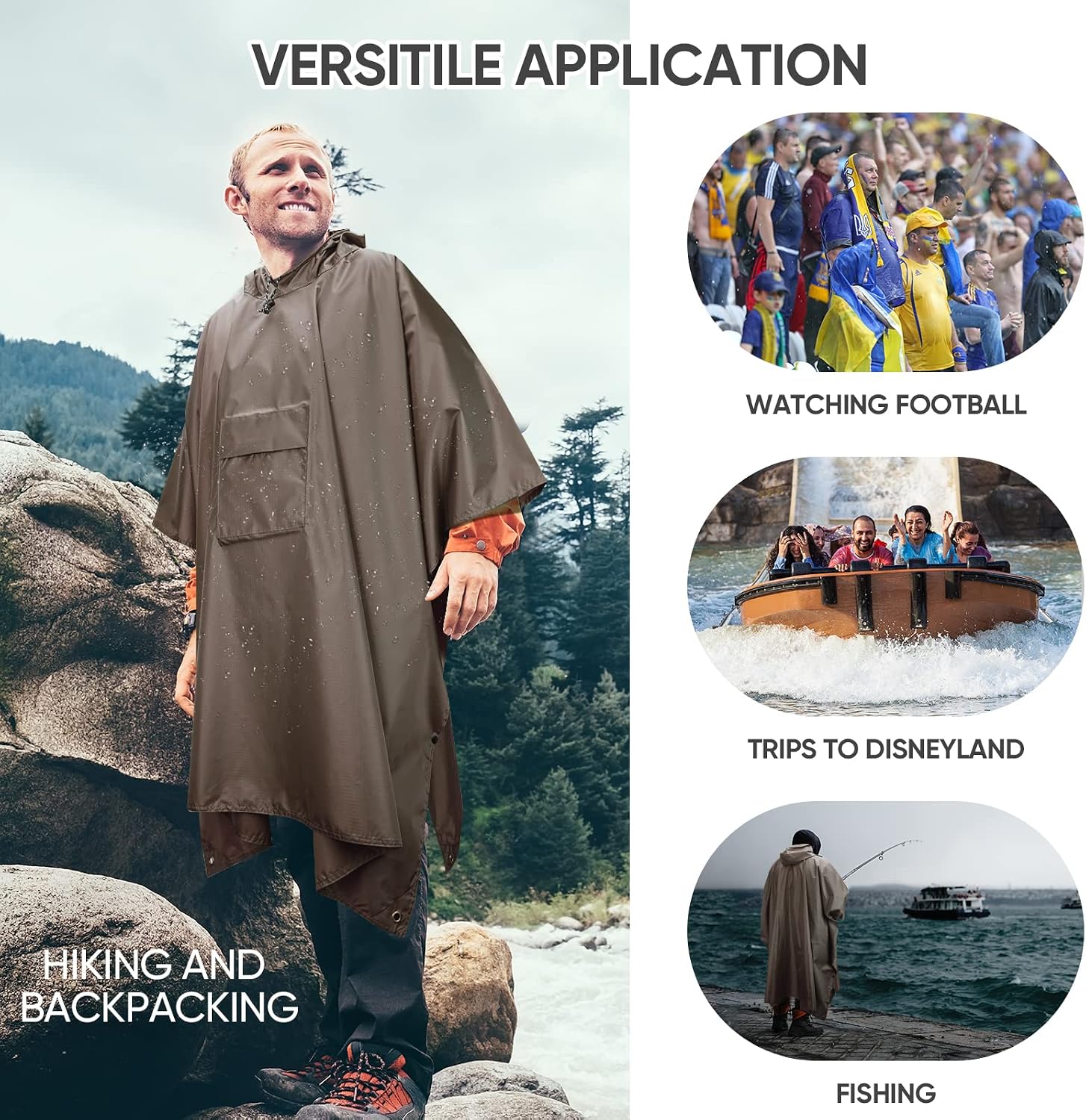  Hooded Rain Poncho for Adults, Reusable Waterproof Raincoat thumbnail