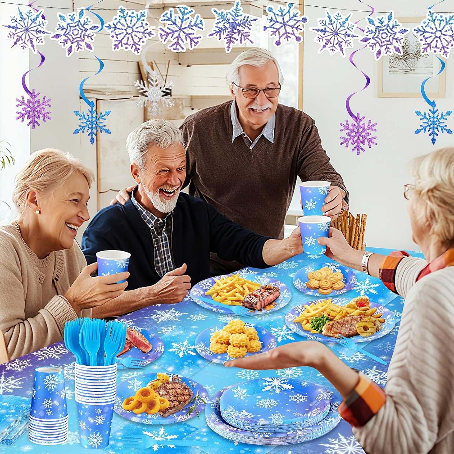 Winter Birthday Party Decorations Serve 24, Snowflake Winter Wonderland Decorations Disposable Tableware Includes Paper Plates Napkins Tablecloth for Christmas Winter Holiday New Year Birthday Party - Image 6