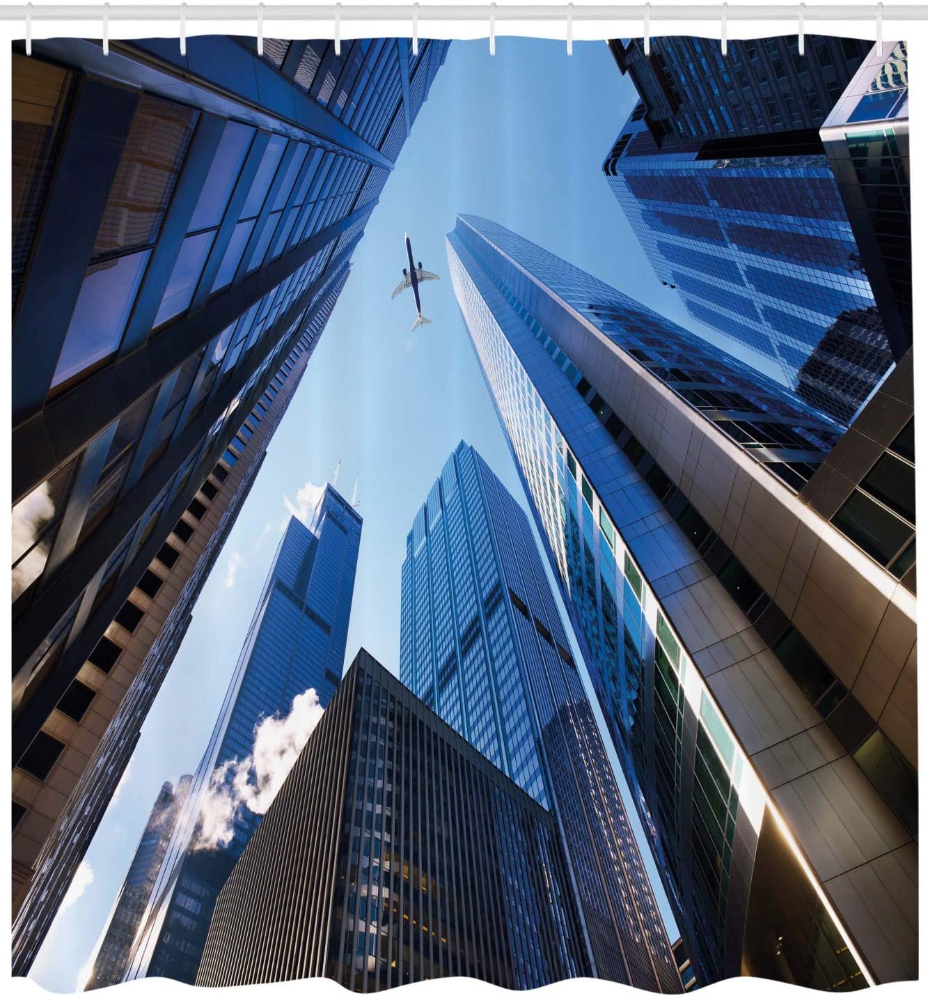 Ambesonne Urban Shower Curtain, Looking up at Chicago's Skyscrapers in Financial District American City Picture, Cloth Fabric Bathroom Decor Set with Hooks, 69" W x 84" L, Grey Sky Blue