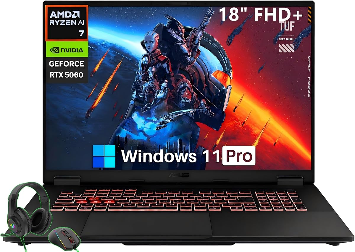 ASUS TUF 18 Inch Gaming Laptop, AMD Ryzen 7 260(>i7-14650HX), 32 GB DDR5, 1 TB SSD, 18" FHD+ 144Hz WUXGA Display, GeForce RTX 5060 GPU, Wi-Fi 6E, BT 5.3, Windows 11 Pro, Copilot AI, RGB Backlit KB