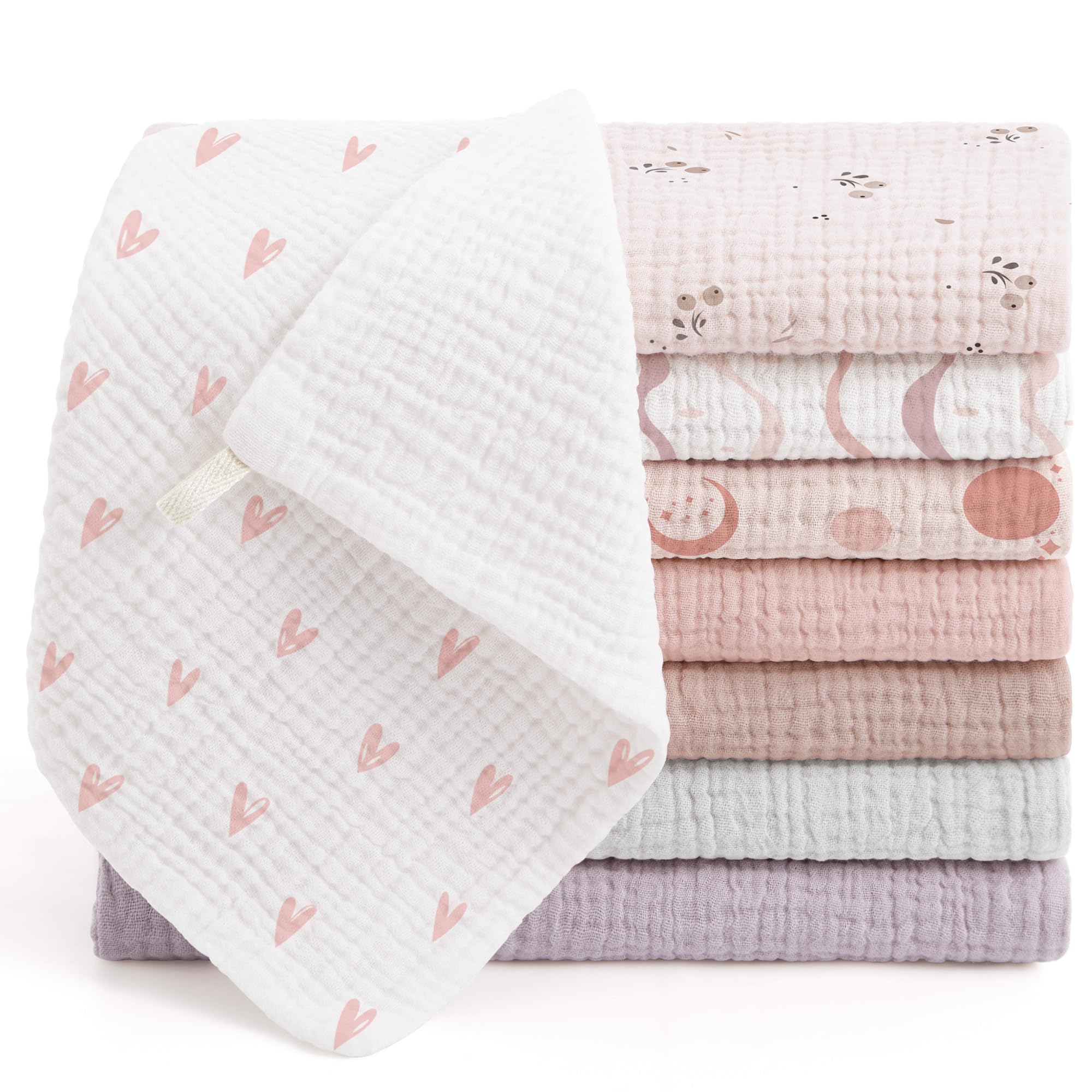 bearmoss Muslin Squares Cloths 100% Cotton Baby Burp Cloth 25x25CM Large Ultra-Absorbent Burp Cloth Soft Baby Face Towel for Newborn Baby Boy and Girl, 8Pack (Pink purple)