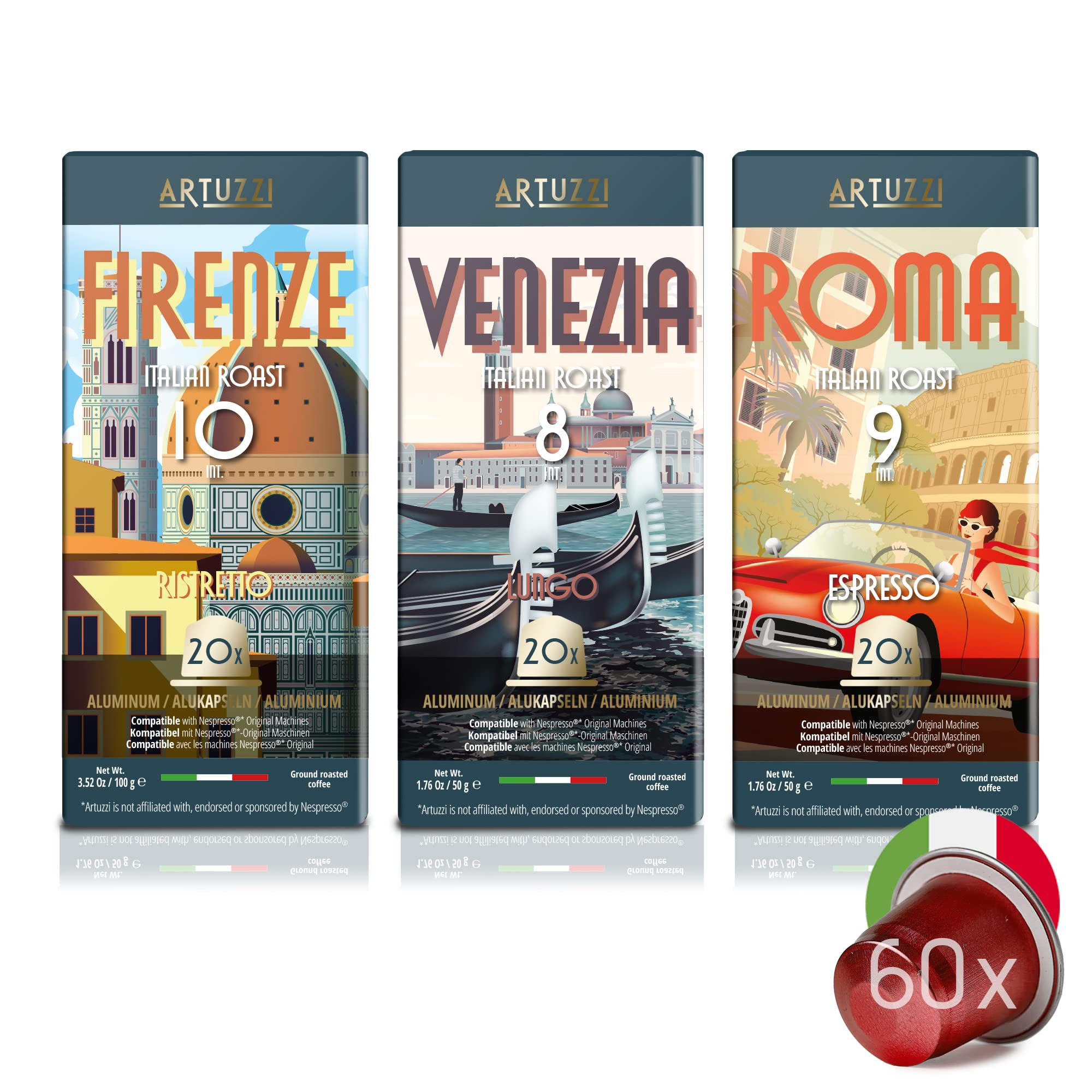 Artuzzi60ct - Coffee Pods I Compatible with Nespresso Original Machines | Espresso Ristretto Lungo Coffee Capsules | Espresso Variety Pack I Aluminum & Recyclable