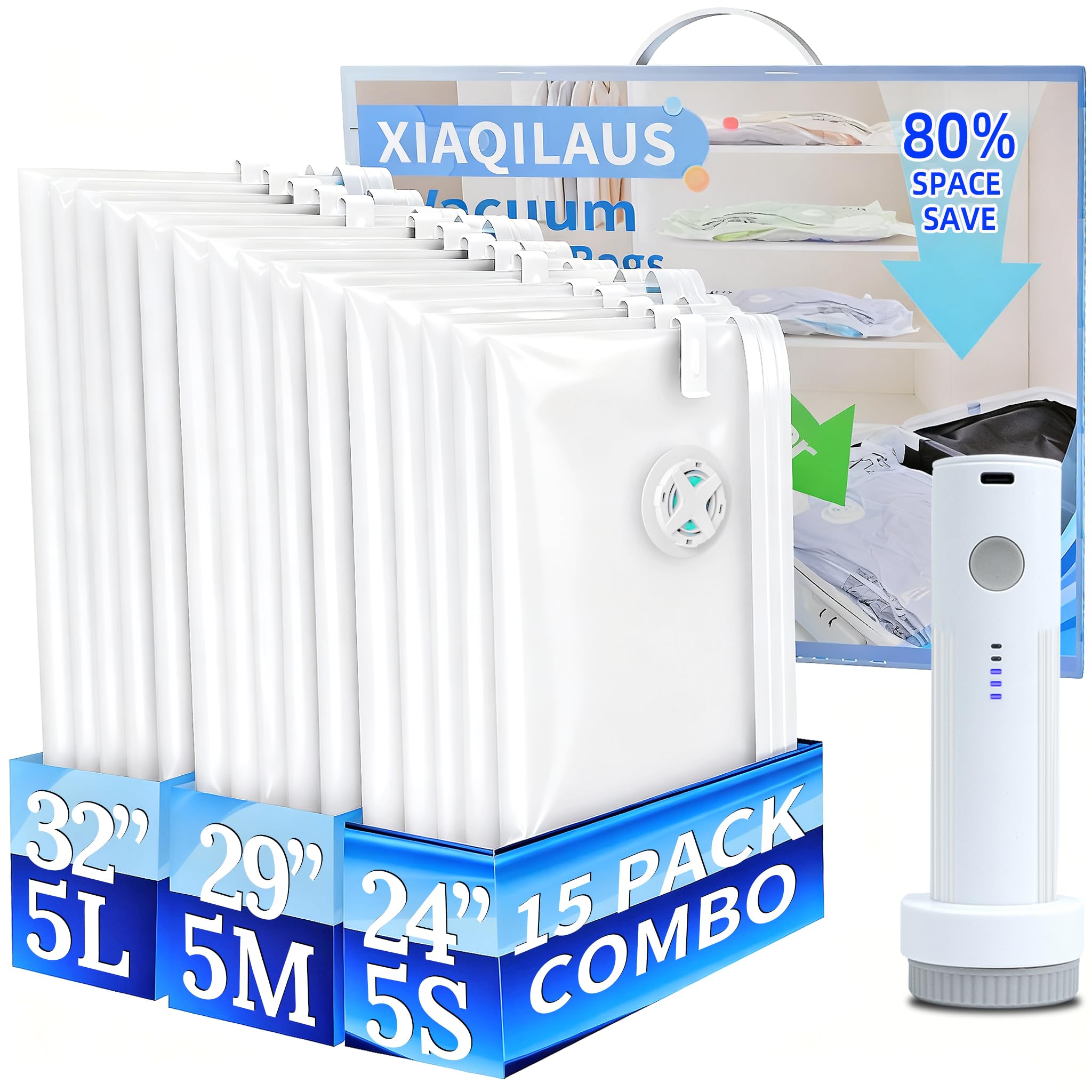 Sacchetti sottovuoto per abbigliamento da viaggio, salvaspazio, con pompa ad aria, imballaggio a compressione per bagagli e vestiti da viaggio (15 borse combinate+pompa elettrica)