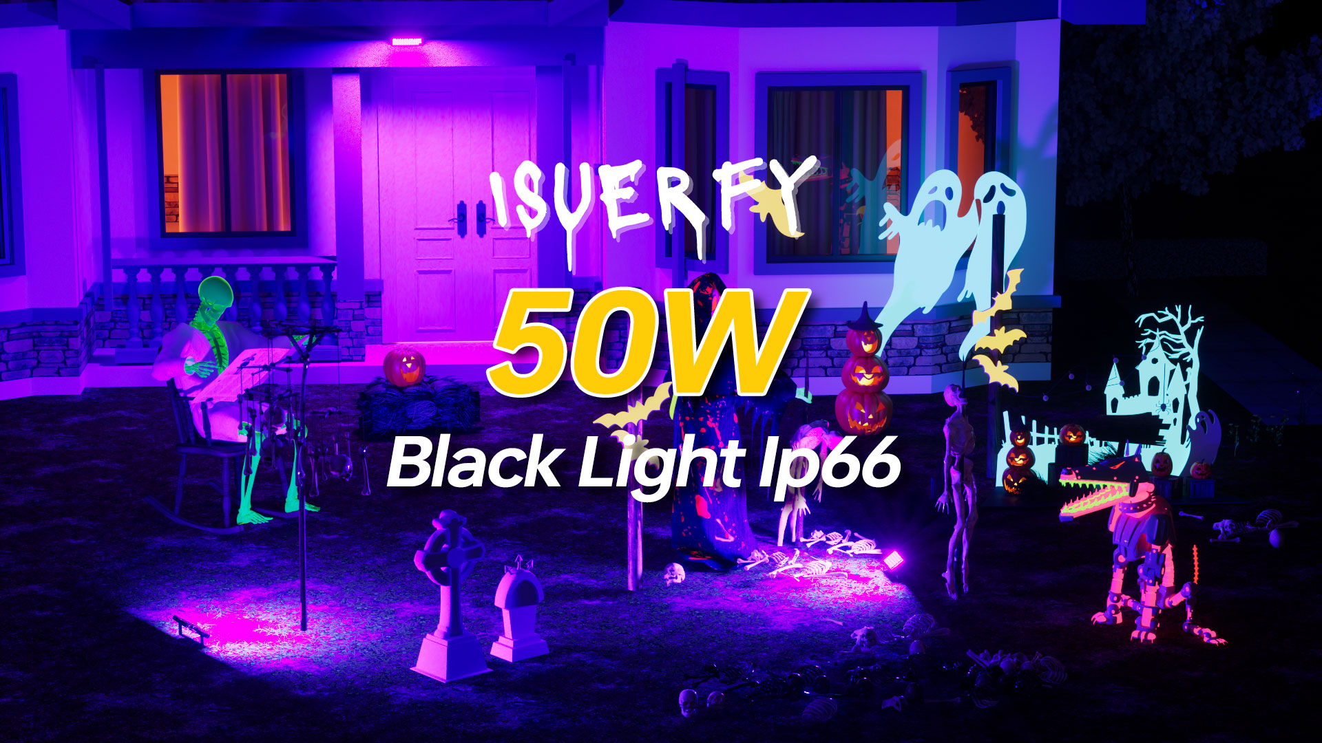 Image of 8 Pack 50W Black Light IP66 with Switch+6FT Cord for Halloween Glow Party | LED Blacklight Flood Light, Outdoor Spotlight for Neon Glow in the Dark Party Decor Body Paint Fluorescent Poster Classroom