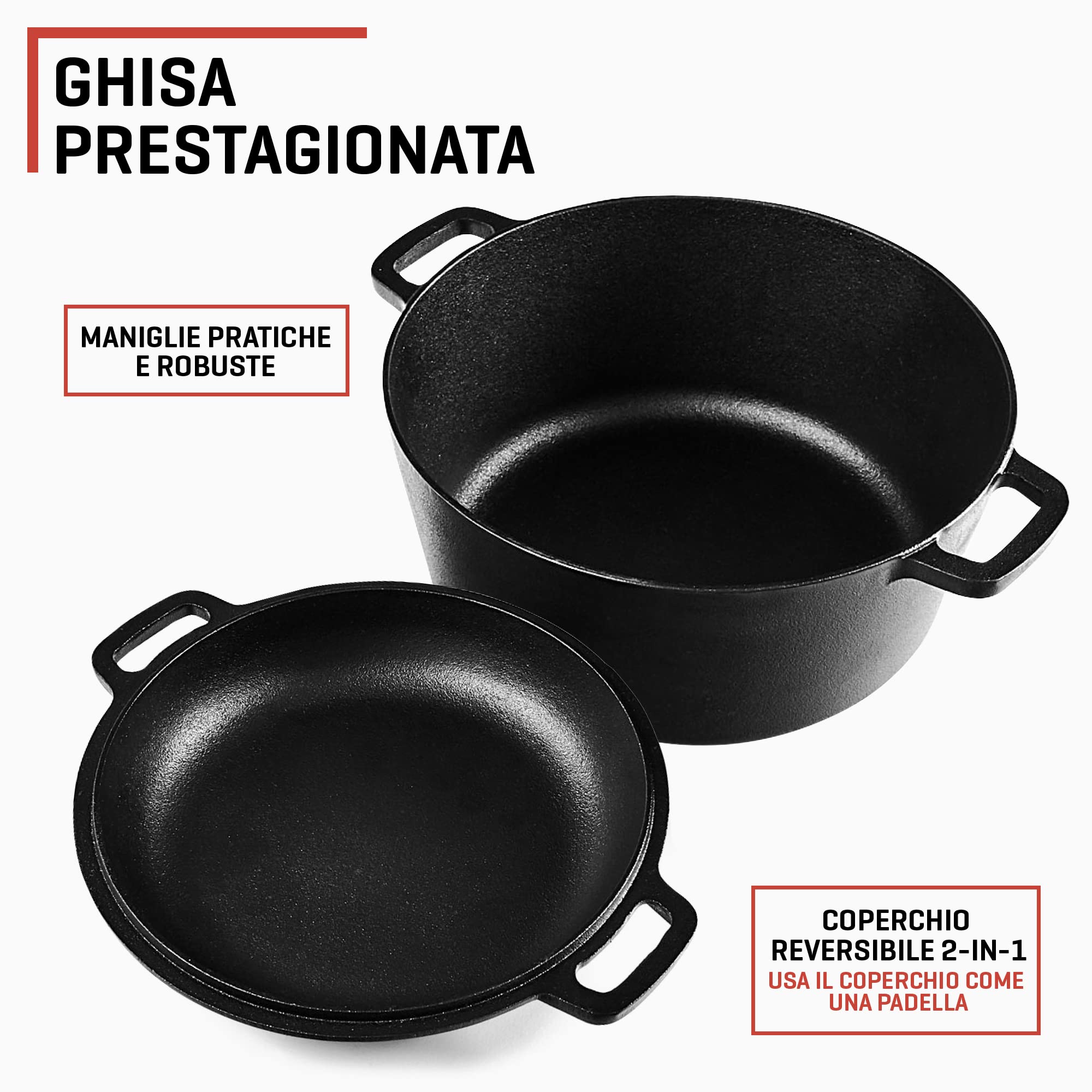 Uno Casa Pentola in ghisa con coperchio, utensile da cucina pretrattato 2 in 1, casseruola da 4,7 l e padella da 1,5 l