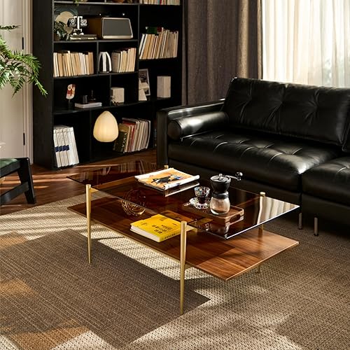 Miniatura 57 de Saint Mossi Tadio - Mesa de centro de vidrio de doble capa para sala de estar, estante inferior de MDF marrón y café Vidrio marrón y marrón