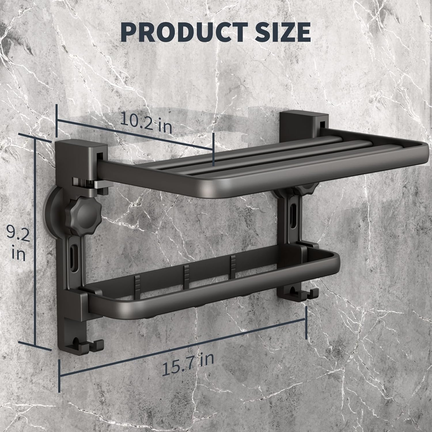 Towel Rack with Towel Bar Holder Suction Cup Foldable Towel Shelf No Drill with 7 Hooks Rustproof Towel Storage Wall Mount for Bathroom Lavatory Matte Blackish Gray16 Inch