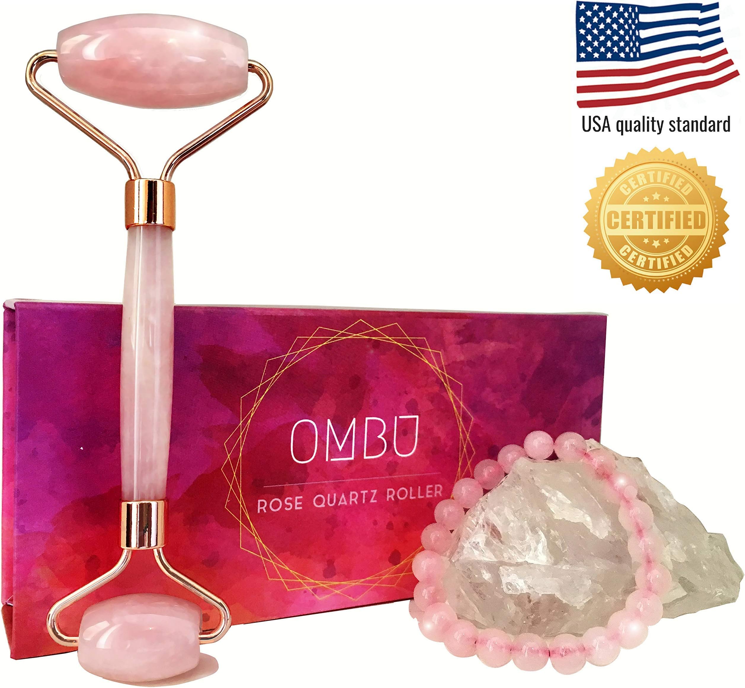 Ombu Face Rose Quartz - Roller Facial Massager - Jade Tool - Chakra Bracelet 100% Natural Stone - Face, Eyes, Neck and Body Kit - Anti Aging, Wrinkles, Acne and Eye Puffiness Beauty Treatment