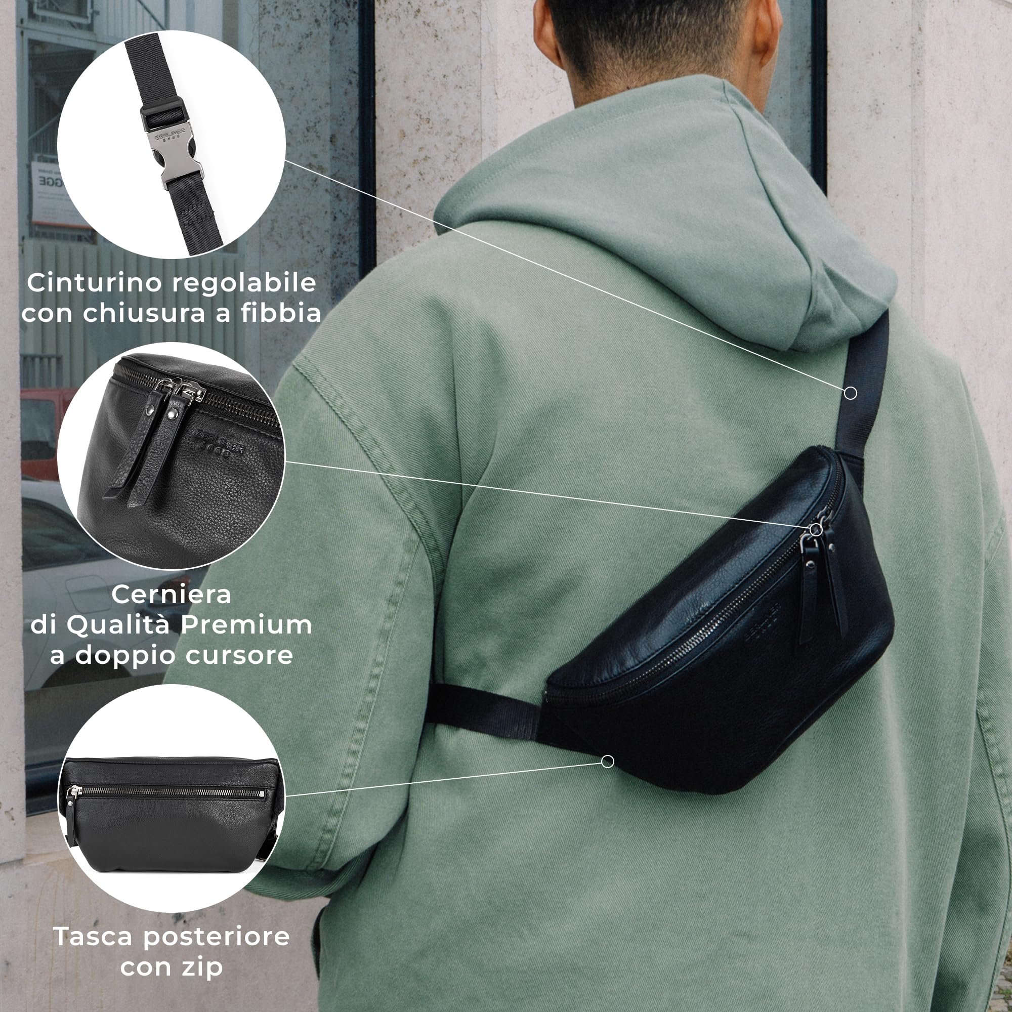 Berliner Bags Marsupio da Cintura Noah, Waist Bag Unisex Regolabile, Marsupio Uomo e Donna – Nero