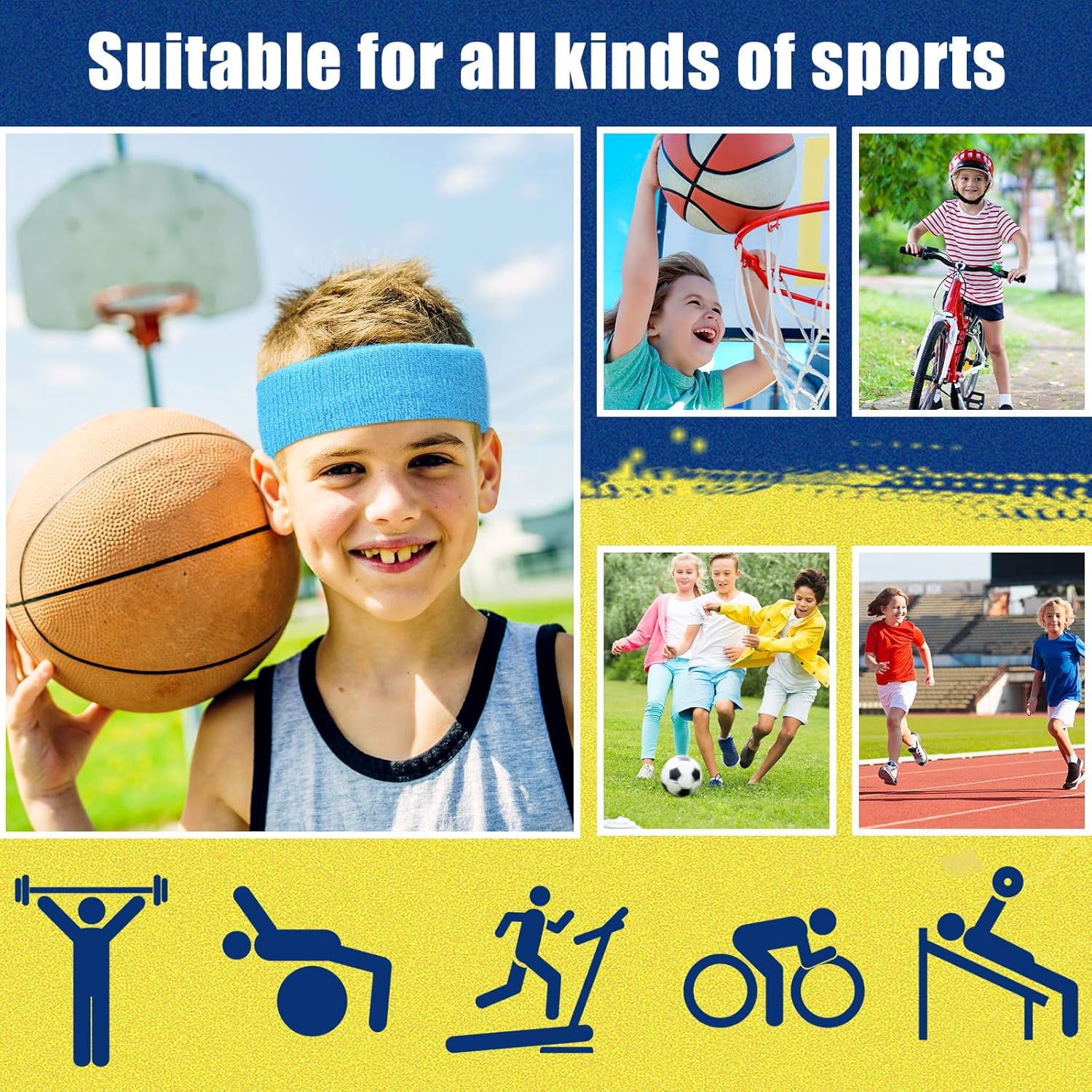 Libima 24 Pcs Kids Sweatbands Bulk Boys Headband for Sports Kids Cotton Terry Youth Sweatbands Elastic Sports Headbands Wicking Athletic Bands for Team Activity