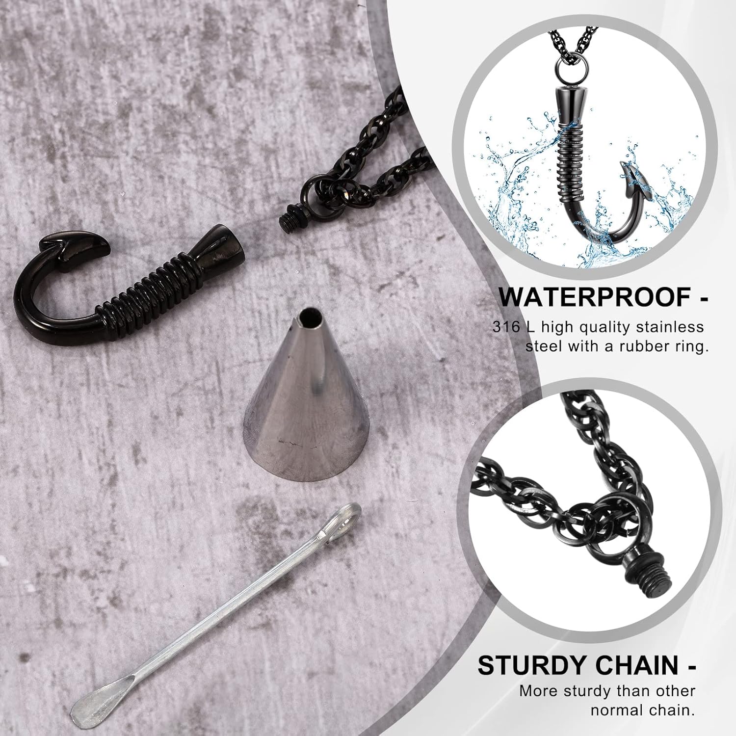 Kenning Set of 3 Fishing Hook Urn Necklace for Ashes Black Fish Hook Stainless Steel Cremation Jewelry Ash Keepsake Memorial Pendant for Men Father Day - Image 3