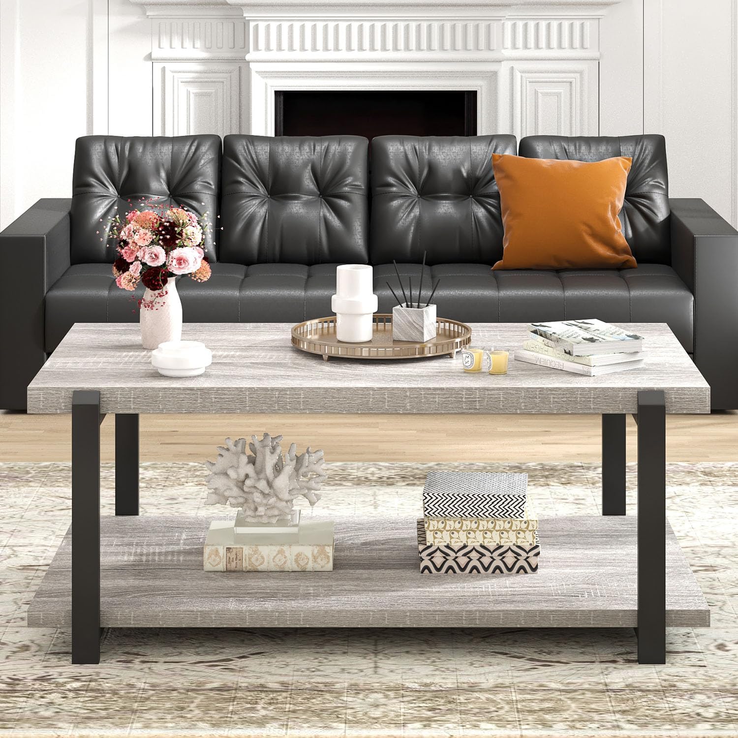 FOLUBAN Rustic Coffee Table, Modern Wood Center Table for Living Room, Industrial 2 Tier Rectangle Low Cocktail Tea Table with Storage Shelf, Light Grey