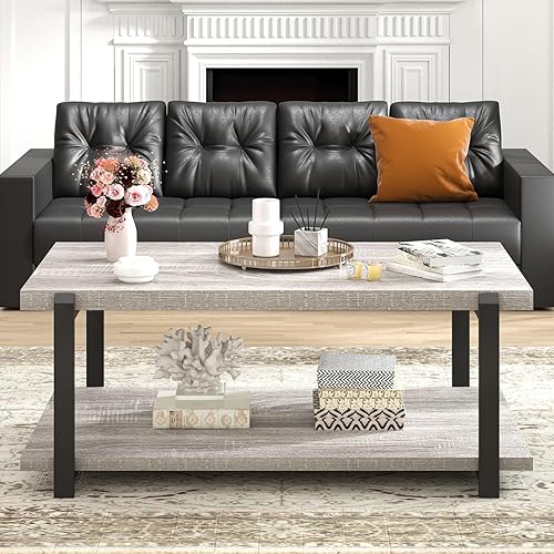 Miniatura 25 de FOLUBAN Mesa de centro negra, moderna mesa central de madera rústica con almacenamiento para sala de estar, mesa de té de cóctel rectangular