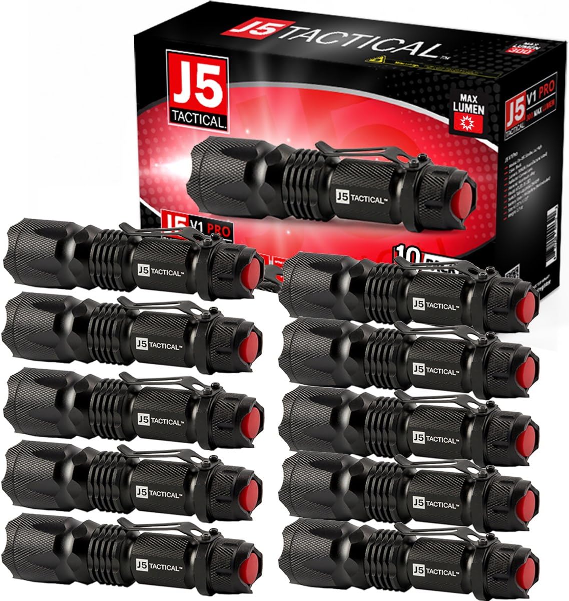 J5 Tactical V1-Pro Flashlight (10 Pack) The Original High Lumen Ultra Bright, LED 3 Mode Flashlight