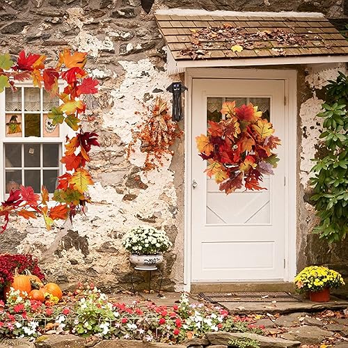 Miniatura 5 de RECUTMS Paquete de 2 guirnaldas de hojas artificiales colgantes de hojas de arce, hojas de otoño falsas para interiores, hogar, Halloween, Navidad,