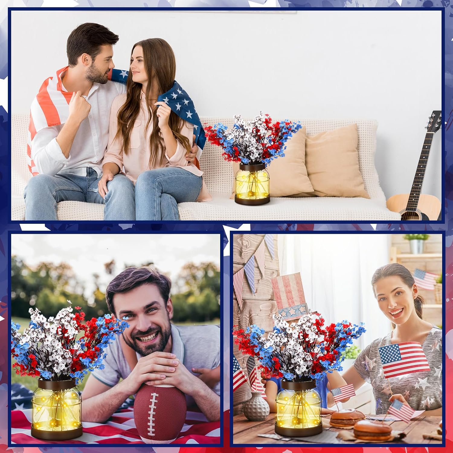 Knitgrip 1 Set Patriotic Artificial Flowers with Glass Vase Red Blue White Baby Breath Decoration 4th of July 250th Anniversary Clear Rustic Lights Vase for Floral Arrangement Table Centerpieces Gifts