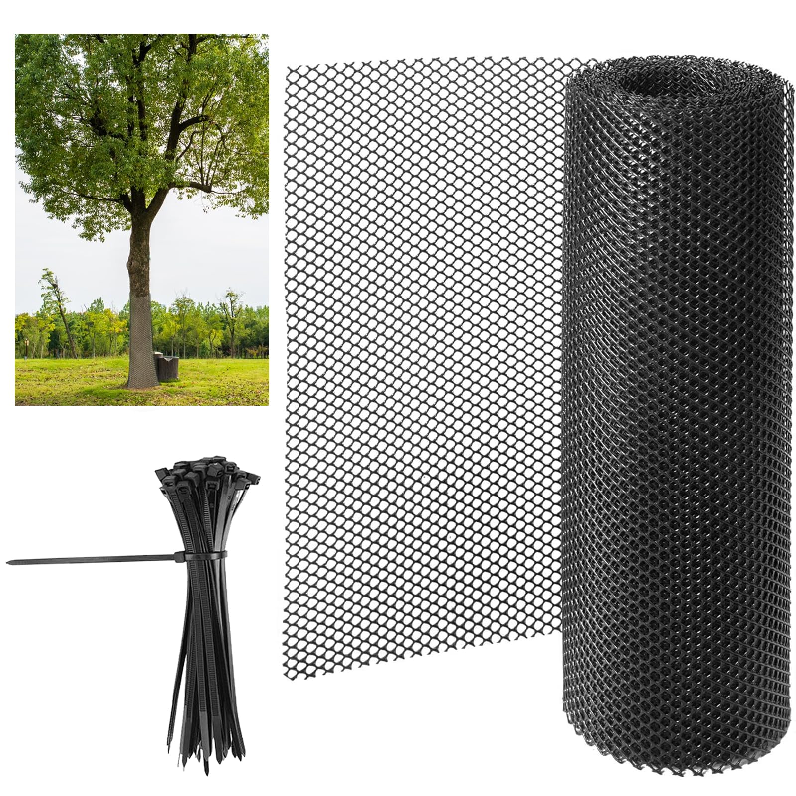 20 Ft Mesh Tree Guard Trunk Protectors, Tree Bark Protector, Flexible Garden Netting for Tree Protection Against Deer, Mowers & Trimmers, Includes 100 Ties