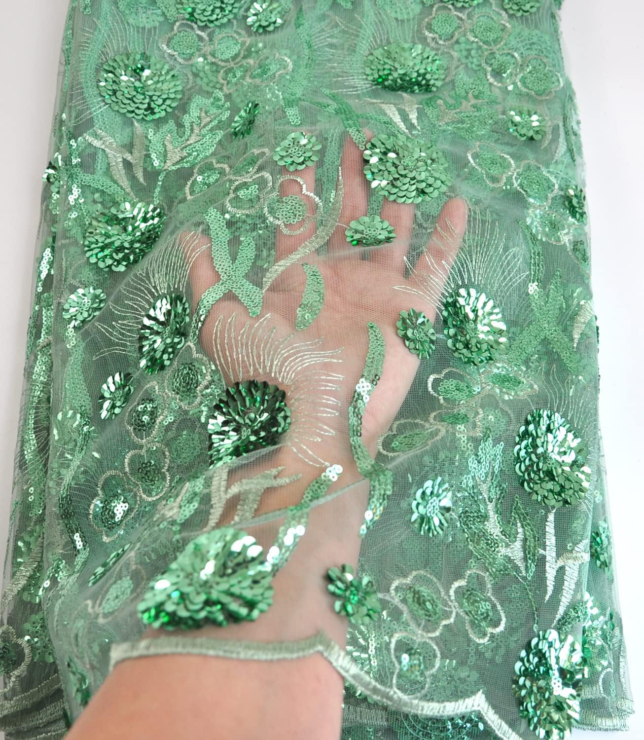 SanVera17 African Fabric 3D Sequins Net Fabrics Nigerian Embroidered Lace Fabric for Party Dress (Light Green) 5 Yards